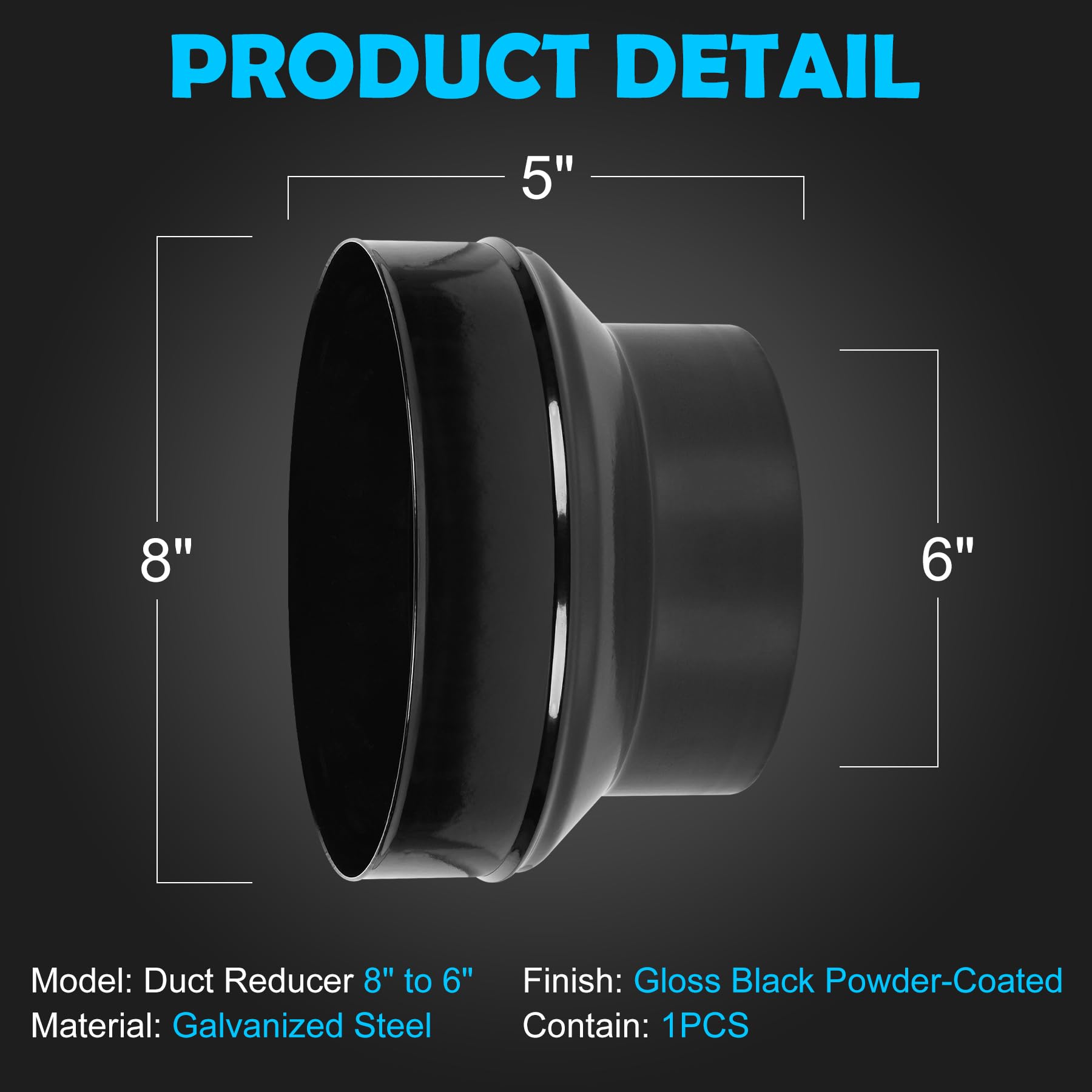 Duct Reducter 6 to 4 Air Ducting Reducer Increaser Air Duct Adapter or Round Metal Pipe Reducer for Bathroom Kitchen Ventilation Systems - Black