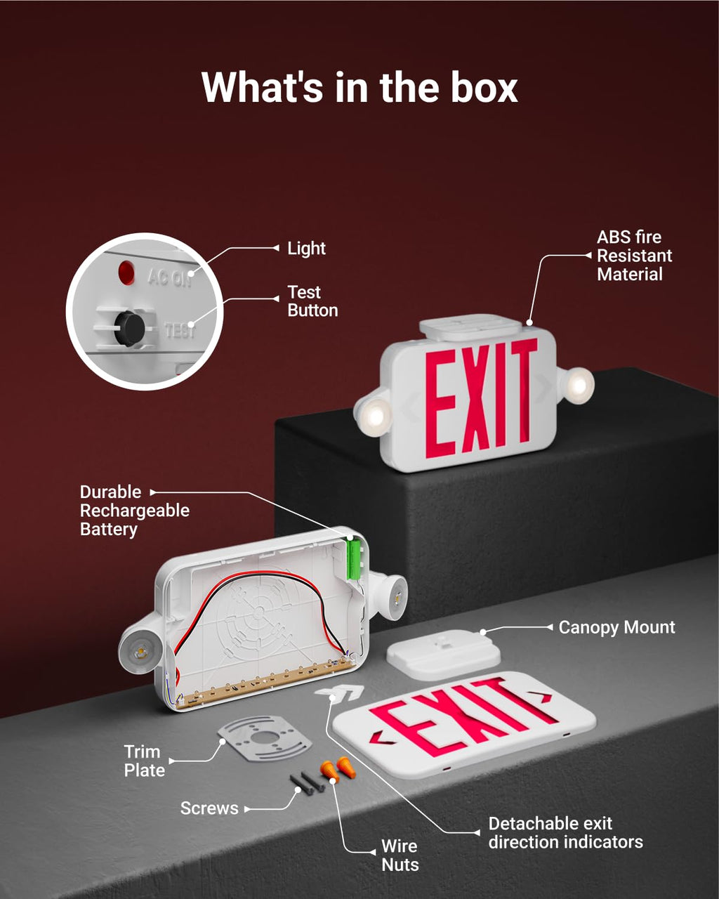 Sunco 12 Pack Combo Red LED Exit Sign with Emergency Lights, Two Mini Adjustable Head Lights, 94V-0 Fire Resistant, Backup Battery, 2.3W, 6000K, 200 Lumens, 120-277V, Wall or Ceiling Mount, Modern, UL