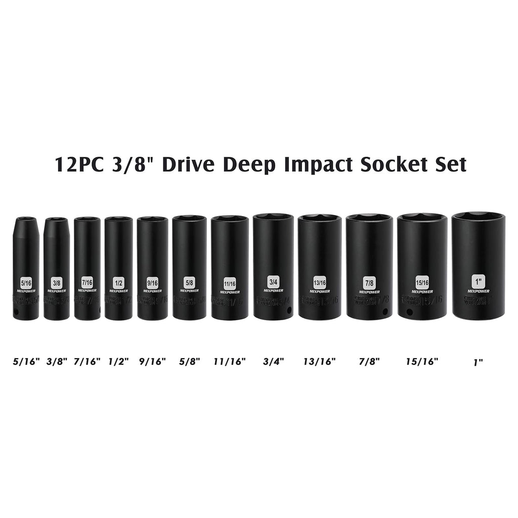 MIXPOWER 12 Pieces 3/8-Inch Drive Shallow Impact Socket Set, 5/16 to 1 inch, CR-V, SAE, 6 Point, Shallow, 12 Pieces 3/8" Dr. Socket