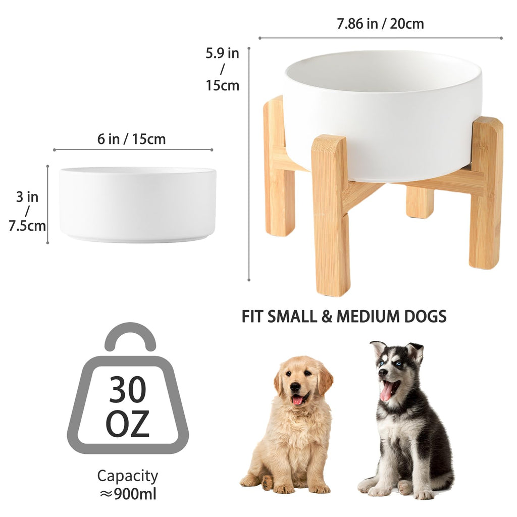 6'' Ceramic Raised Dog Bowl - 30Oz Dog Food & Water Bowl with Elevated Non-Slip Bamboo Stand, Dishwasher & Microwave Safe, Anti Vomiting Heavy Duty Pet Bowl for Small and Medium Dogs, Black