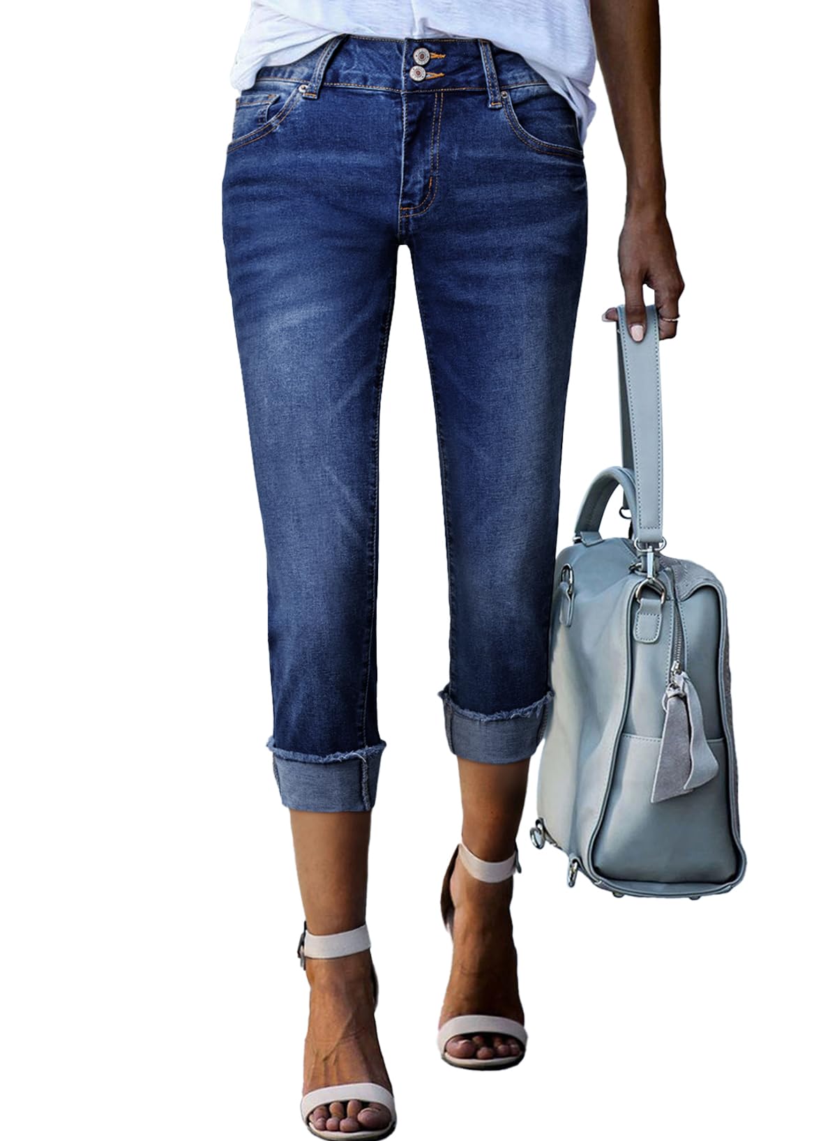 Sidefeel Women's Capri Jeans High Waisted Stretchy Roll-up Skinny Cuffed Cropped Zimbaplatinum Summer Capri Pants