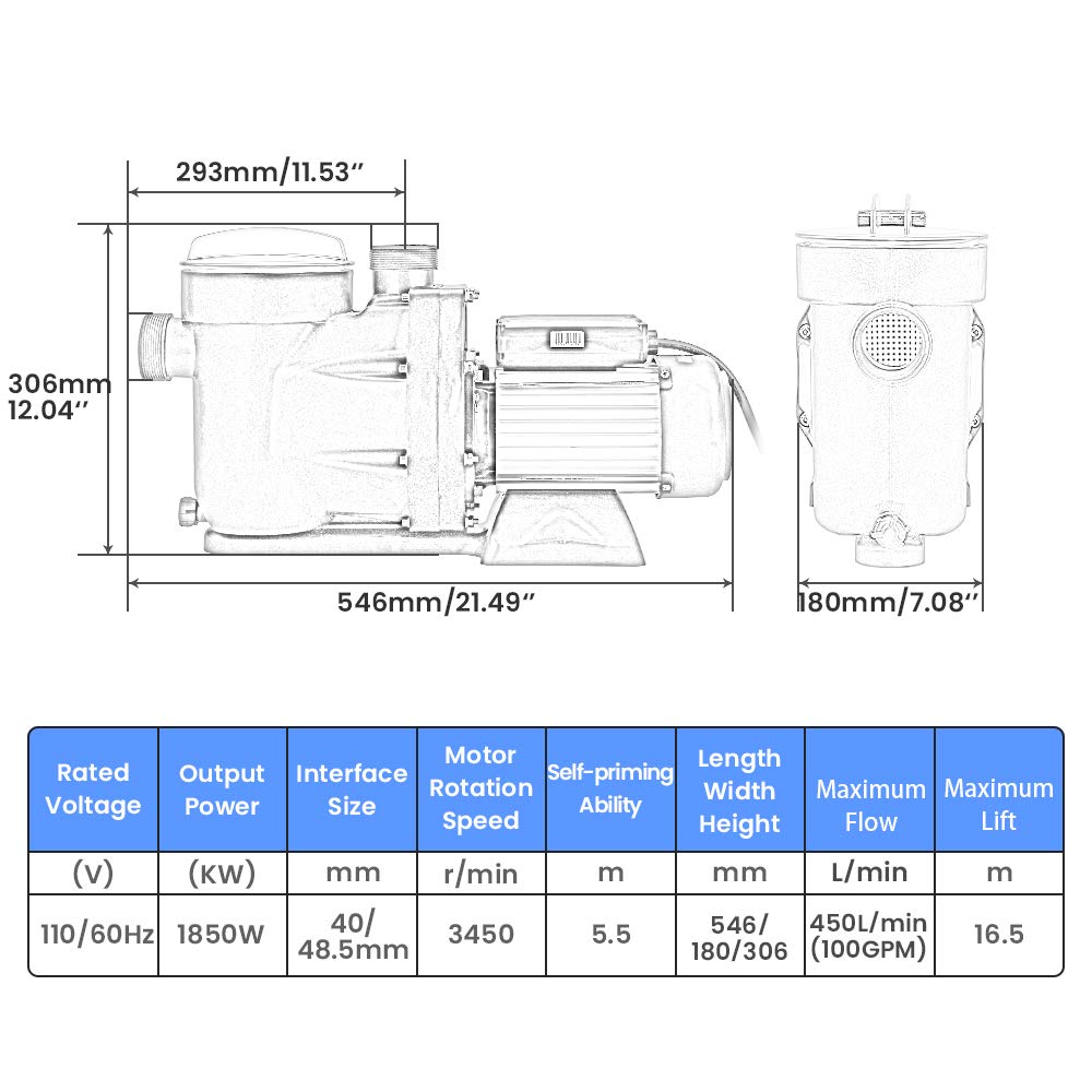 Anbull 1.5HP Swimming Pool Pump, 7140GPH In/Above Ground Pool Pump with 59.05'' Electric Cord, High Efficiency and Low Noise, Apply to Water Circulation in Filtration System (110-120V/60HZ)