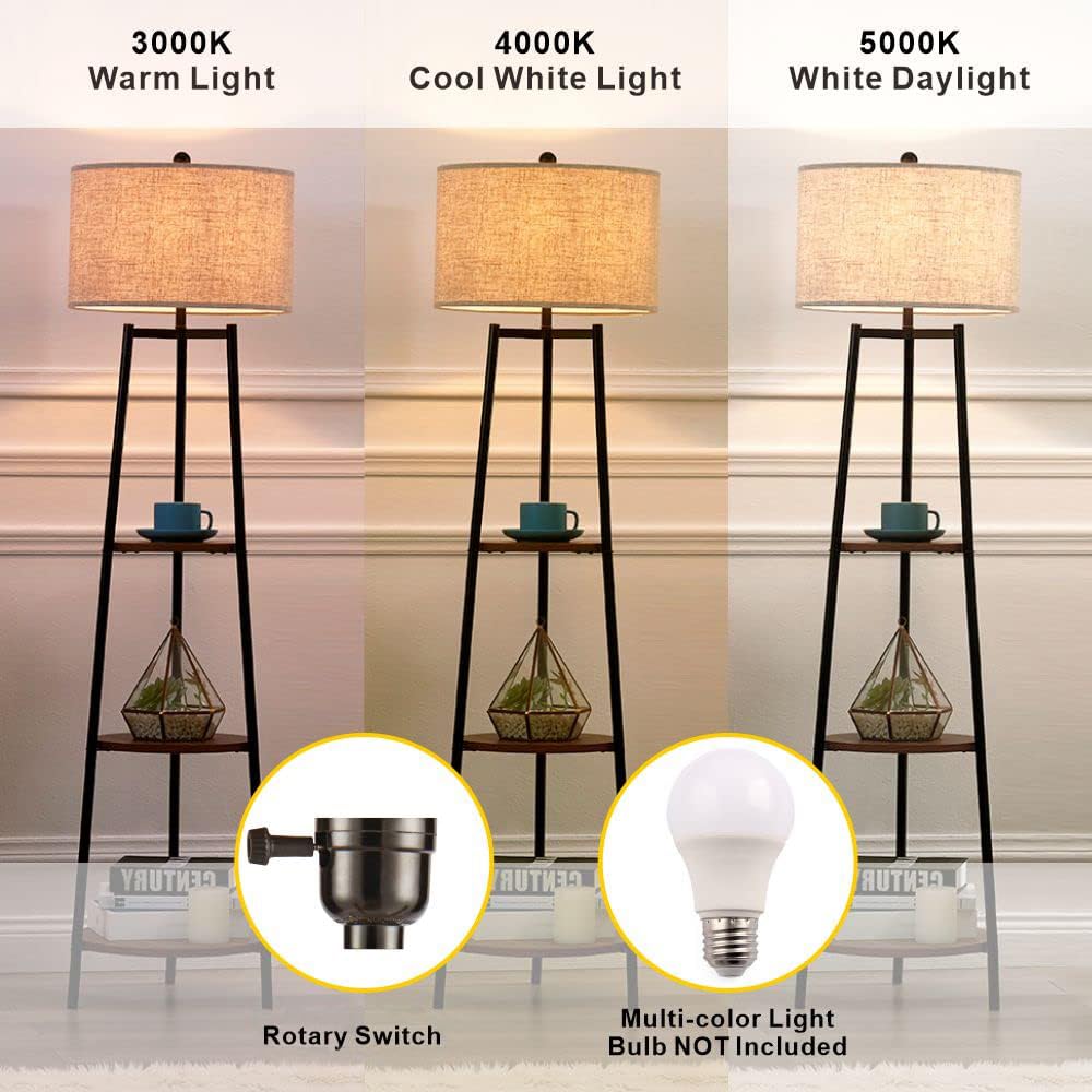 ROSEN GARDEN Floor Lamp, Standing Reading Light with Shelves and Fabric Shade, Modern Tall Pole Lamp, Accent Furniture Décor Lighting for Living Room, Bedrooms (Gold, 4-Tier)
