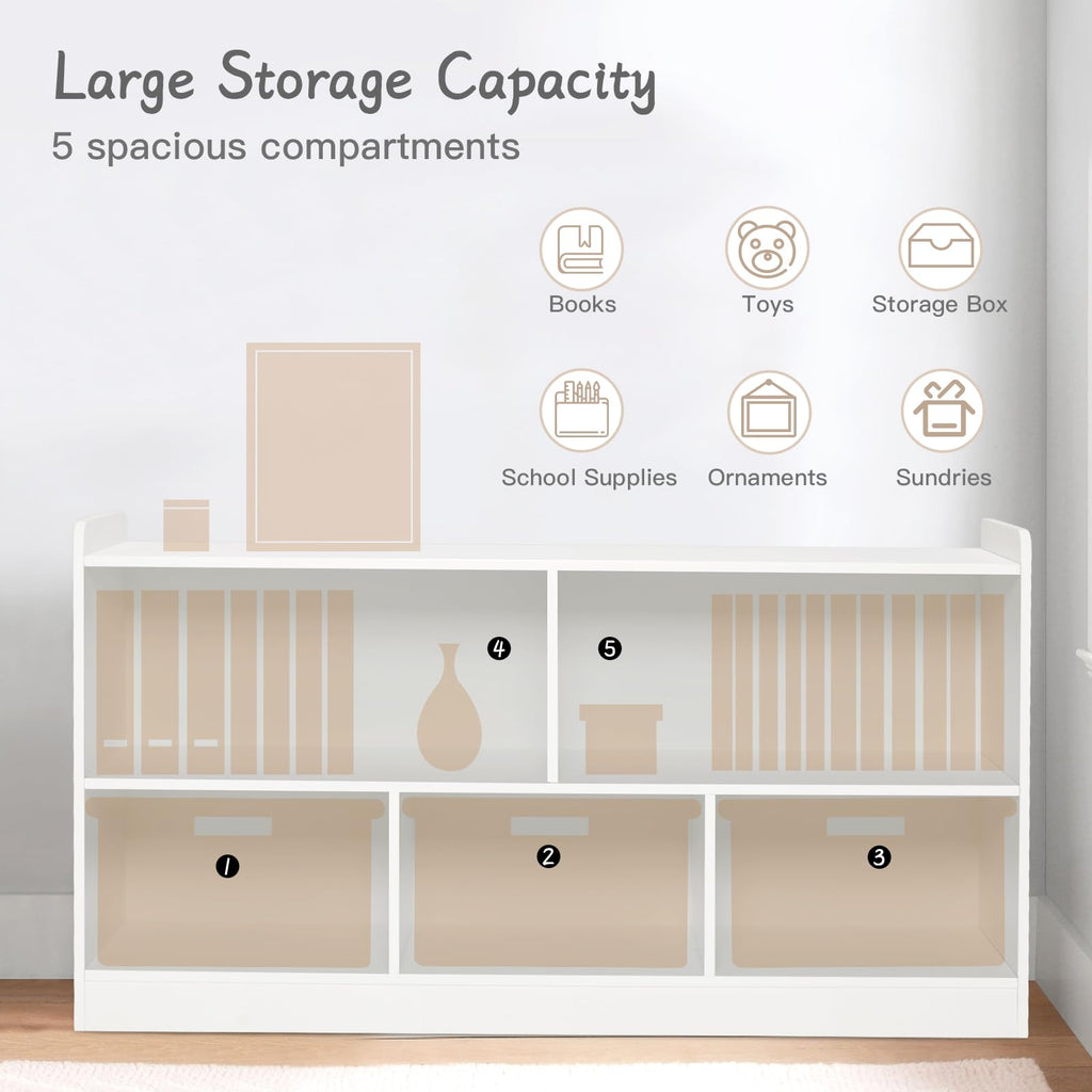 Montessori Shelf, Wooden Toy Storage Organizer for Books Toys, 2 Shelf Bookcase, 5-Section Storage Cabinet, Toddler Book Shelf for Kids Rooms, Playroom, Nursery, Kindergarten (Natural)