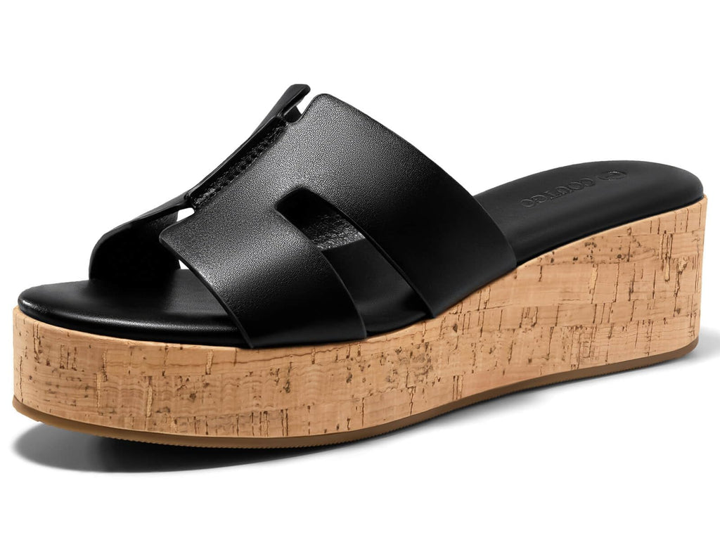 Coutgo Women's Platform Wedge Sandals Open Toe Slip On Slides Cork Heeled Cutout Comfortable Summer Shoes