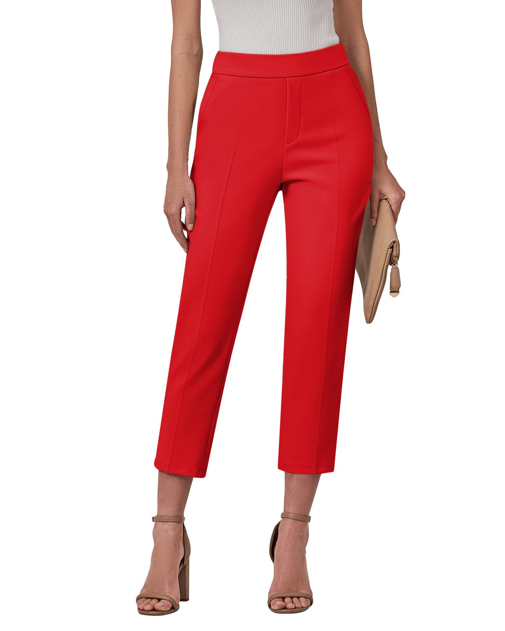 GRAPENT Capri Pants for Women High Waisted Pull On Dress Pants Slim Straight Leg Stretchy Waist Capris Trousers Pants