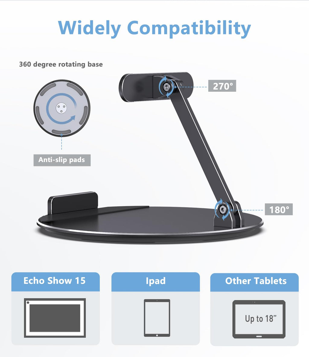 Almoz Swivel and Tilt Stand for Echo Show 15, Aluminum Stand for Show 15.6" Smart Display and Up to 18" iPad/Tablets, with 360 Degree Rotating Base, Viewing Angle Adjustable, No Need Mounting