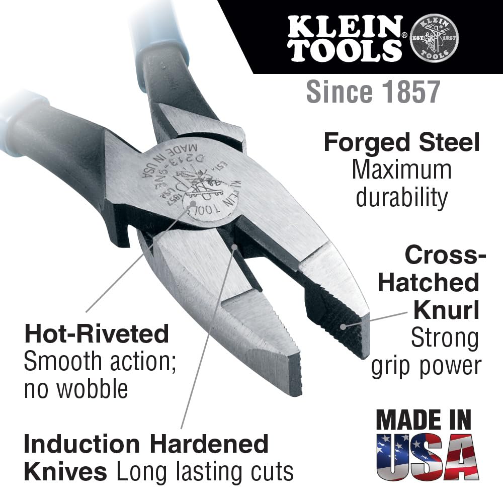 Klein Tools D213-9NETH Lineman's Bolt-Thread Holding Pliers, High-Leverage Streamline Design with Rounded Nose and Knurled Jaw, 9-Inch