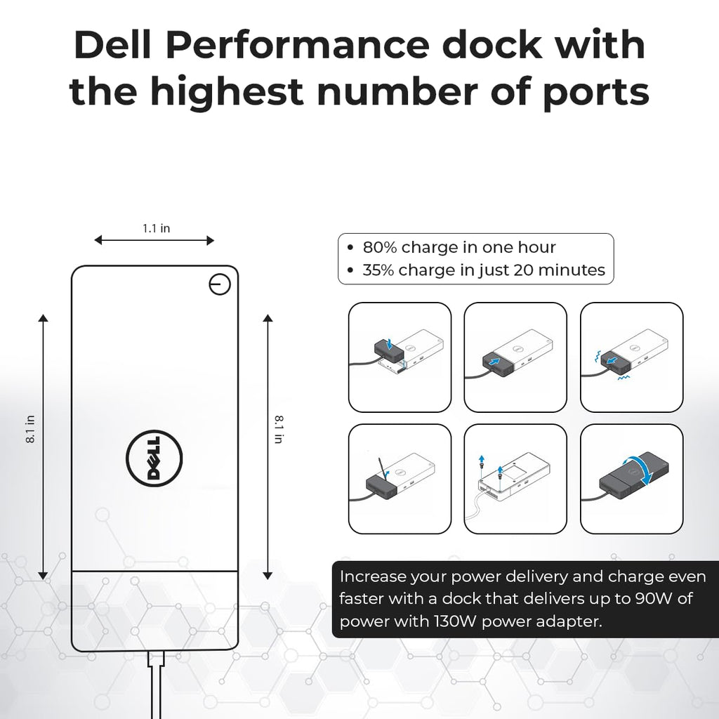 Dell WD19S Docking Station 130W (90W Power Delivery) - Dell Docking Station Dual Monitor for Laptop with 130W Power Adapter + Anyhdd HDMI Cable + DisplayPort Cable + USB-C Cable + Microfiber Cloth