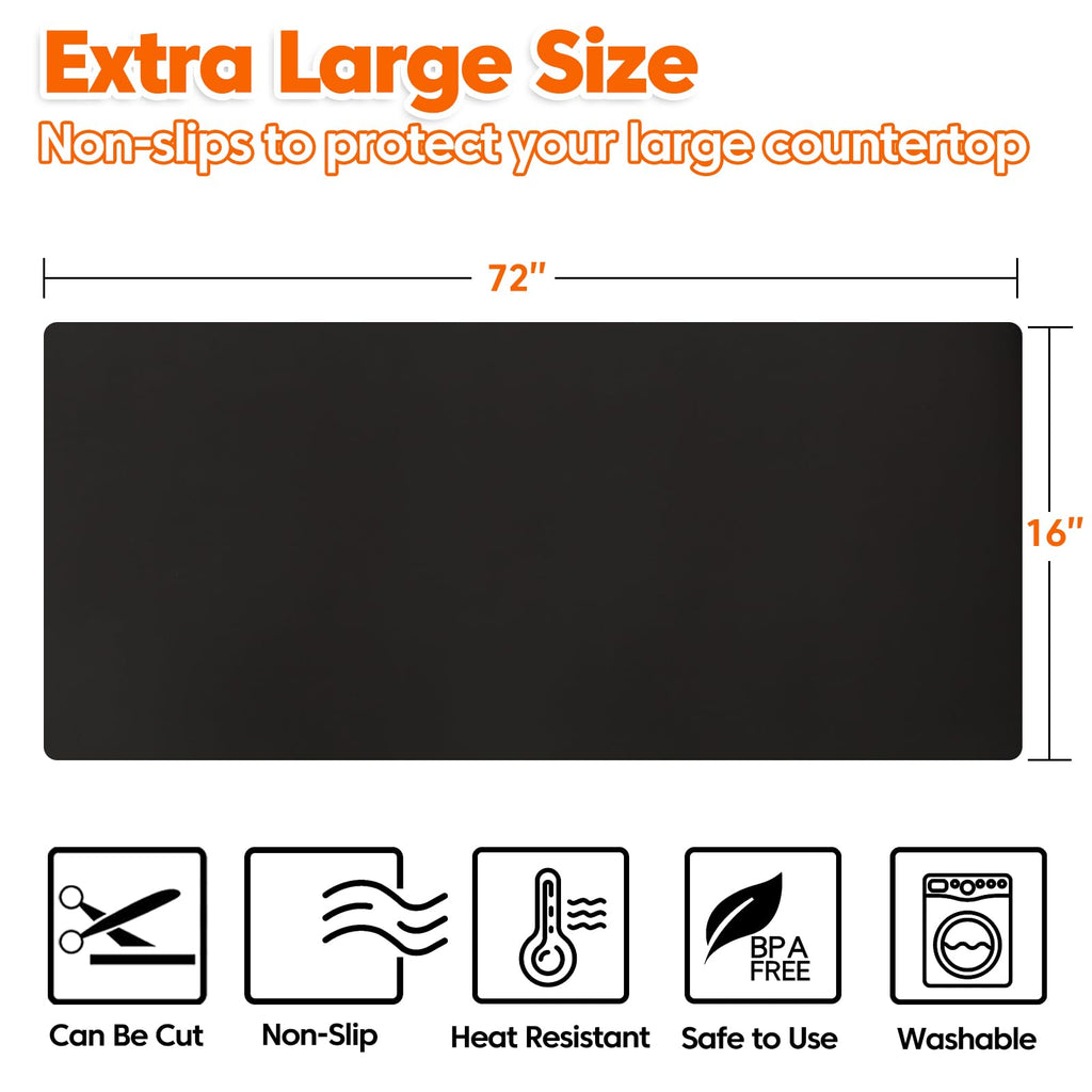 Large Silicone Mat, 72”x16” Heat Resistant Mats for Countertop, Cuttable Waterproof Kitchen Counter Mat, Multipurpose Countertop Protector Mat, Silicone Mats for Kitchen Counter (Black)