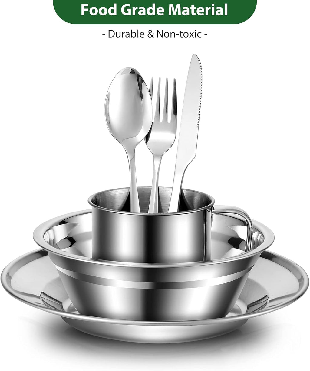 Odoland 29pcs Stainless Steel Utensils Camping Mess Kits with Bowls Plates Cups Forks Spoons and Knives for 4, Camping Cutlery Set for Backpacking, Outdoor Hiking and Picnic