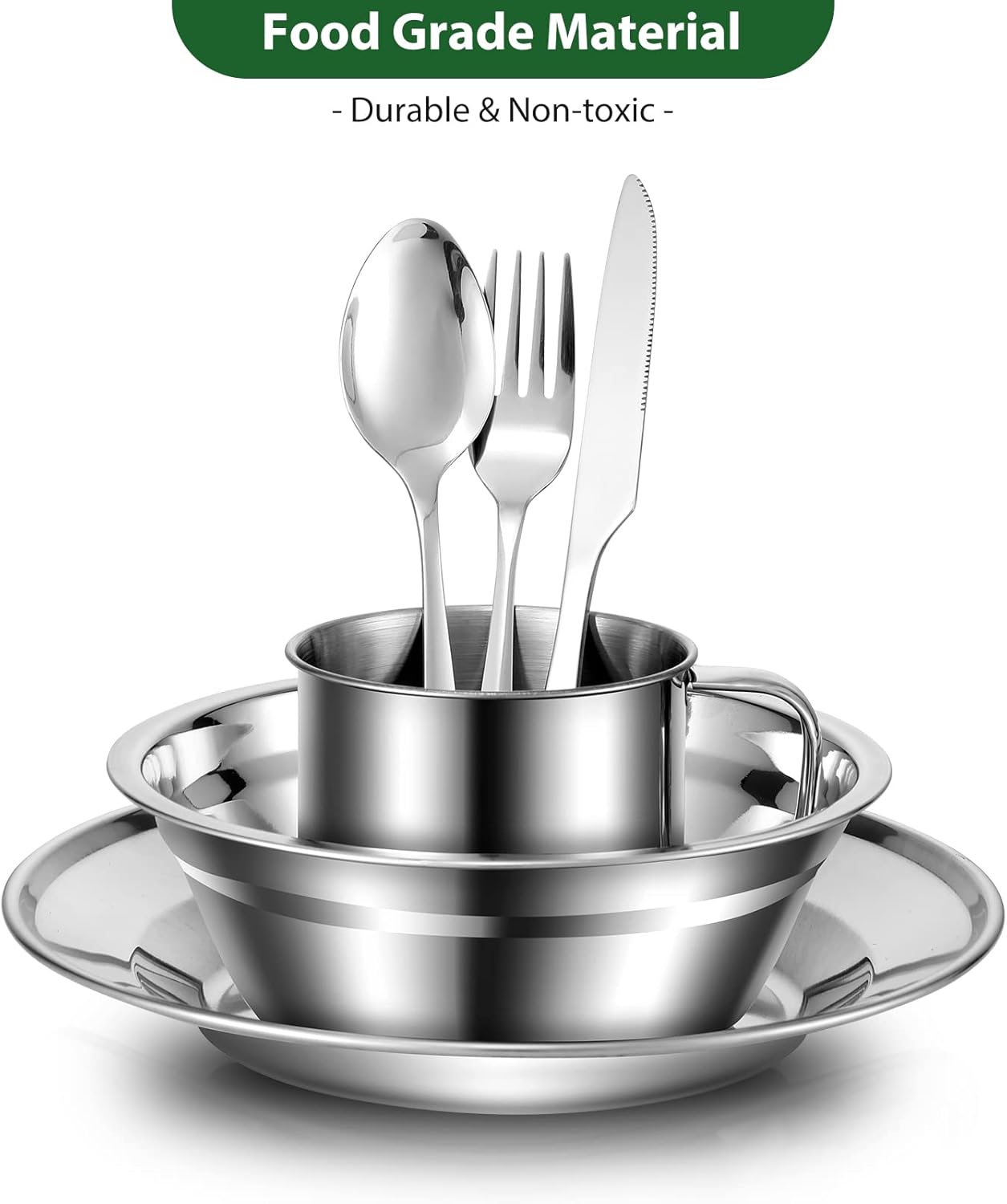 Odoland 29pcs Stainless Steel Utensils Camping Mess Kits with Bowls Plates Cups Forks Spoons and Knives for 4, Camping Cutlery Set for Backpacking, Outdoor Hiking and Picnic