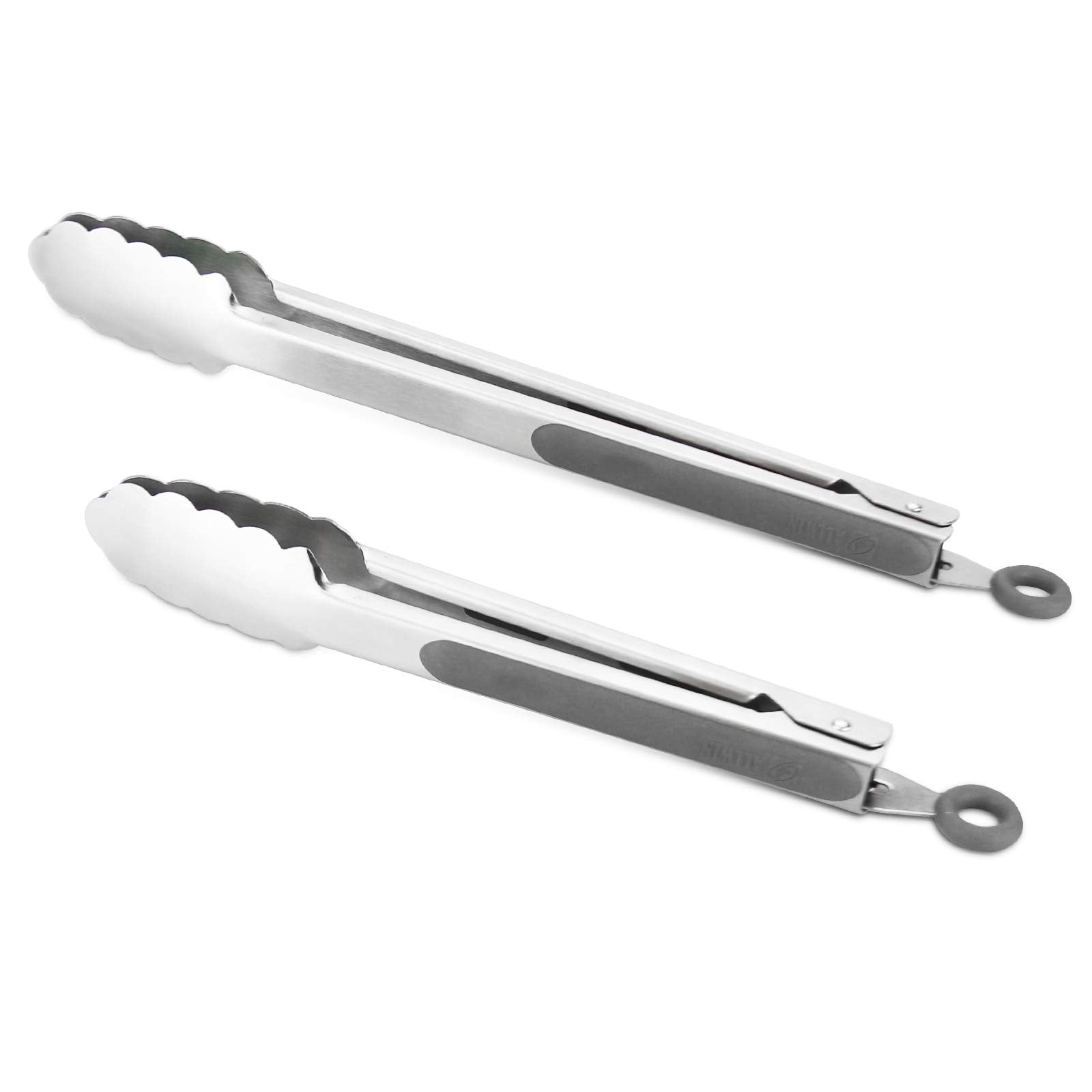 304 Stainless Steel Kitchen Cooking Tongs, 9" and 12" Set of 2 Sturdy Grilling Barbeque Brushed Locking Food Tongs with Ergonomic Grip, Black