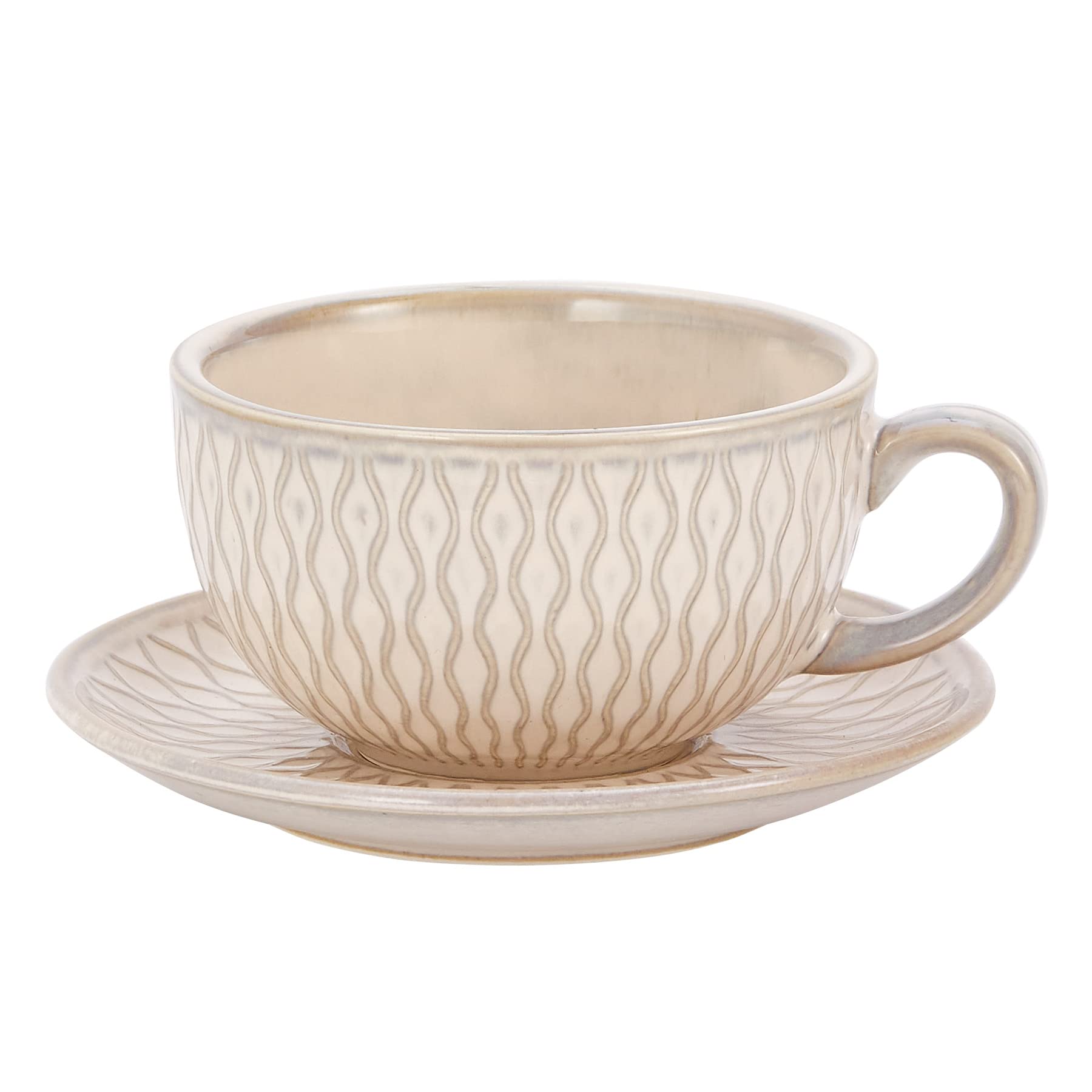 Coffeezone Vintage Design 12 oz Ceramic Latte Art Cappuccino Barista Cup with Saucer (Beige)