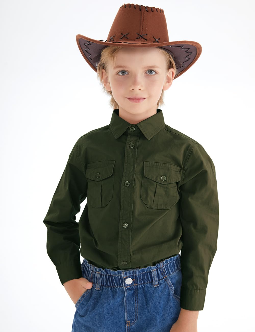 Spring&Gege Boys' Long Sleeve Button Down Shirt for Kids Woven Solid Two Pockets