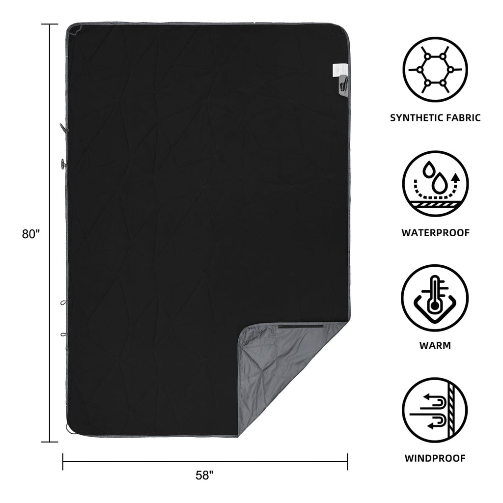 Large Outdoor Waterproof Blanket Extra Thick Fleece Stadium Blanket for Camping, Car, Pet, Picnics - Windproof, Wearable, Machine Washable 80" x 58" (Black Check)