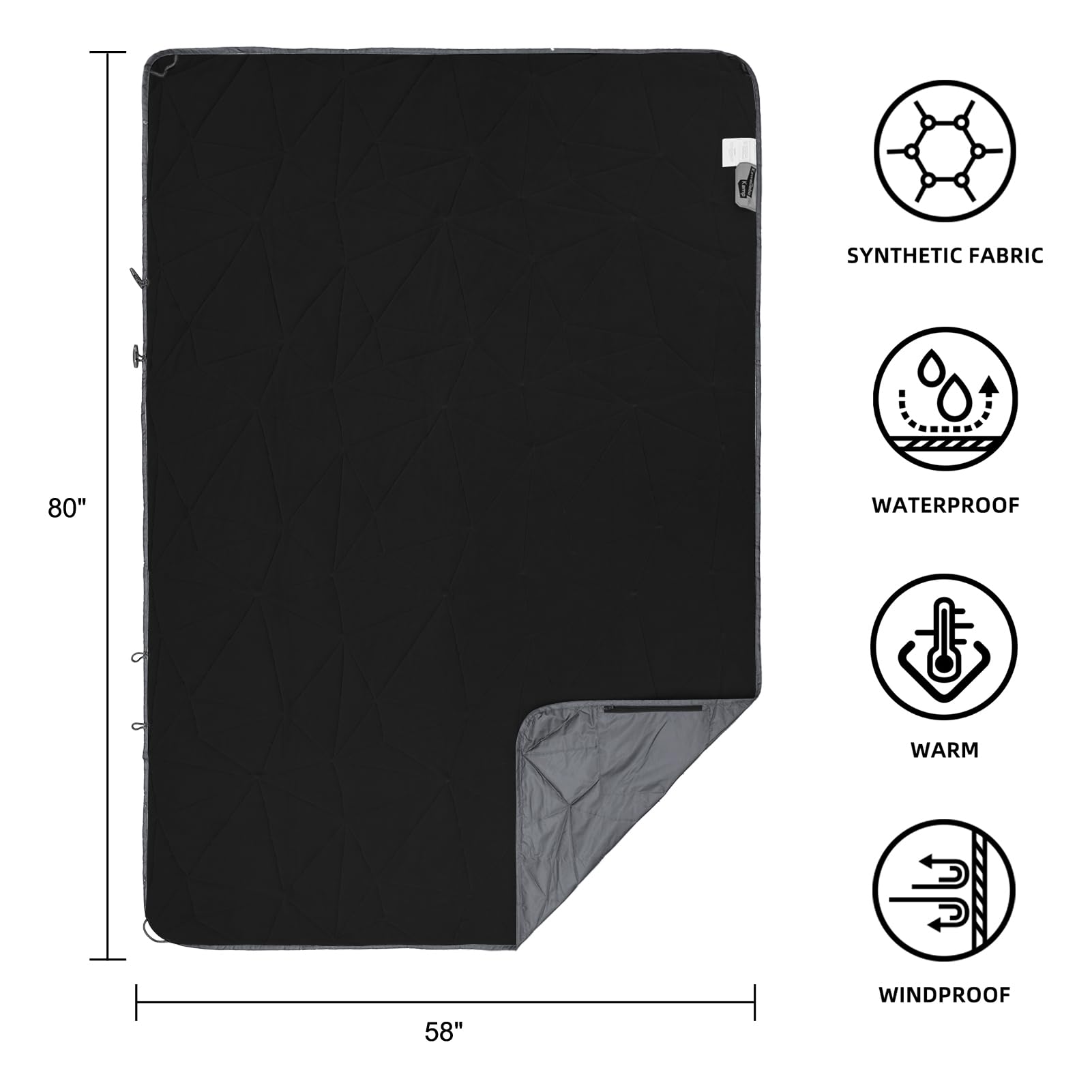 Large Outdoor Waterproof Blanket Extra Thick Fleece Stadium Blanket for Camping, Car, Pet, Picnics - Windproof, Wearable, Machine Washable 80" x 58" (Black Check)