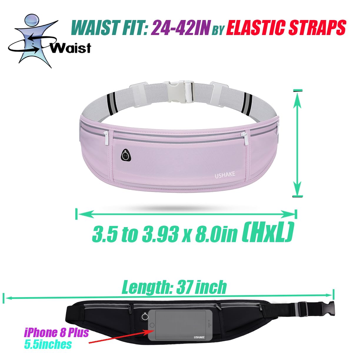 USHAKE Slim Running Belt, Workout Fanny Pack for Men Women,Exercise Waist Pack for Apple iPhone Holder, Runner Belt for Running Walking Cycling Camping Gym Black