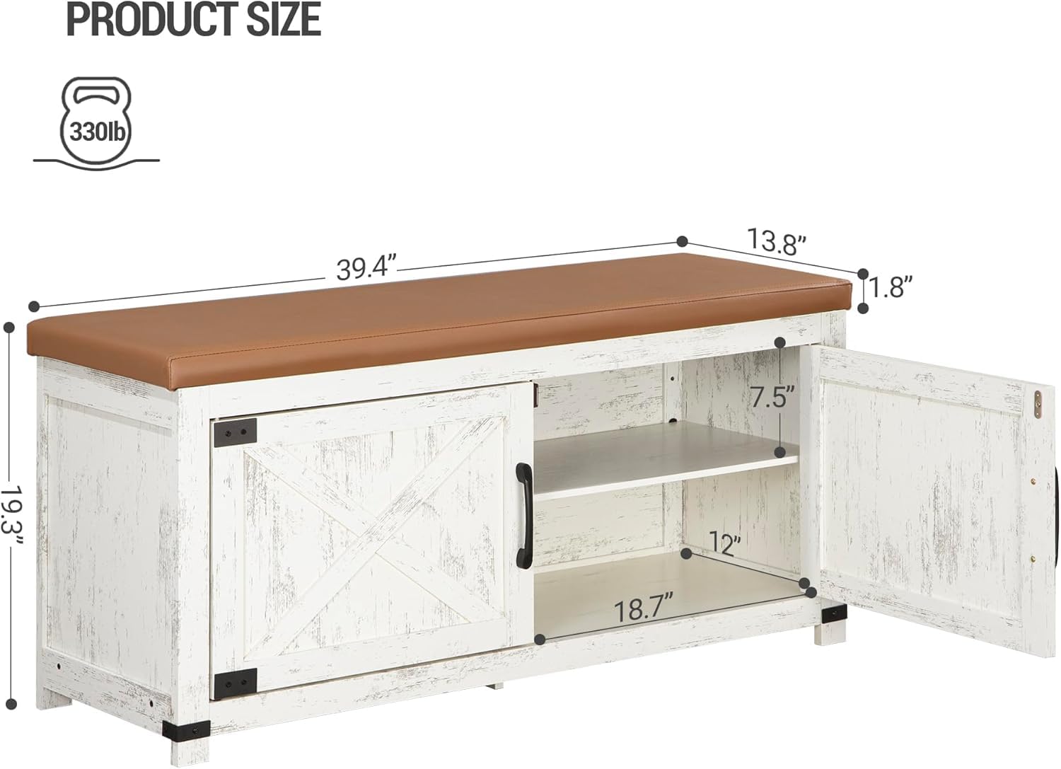 Hzuaneri Shoe Storage Bench, 2 Tier Shoe Bench with Padded Seat Cushion & 2 Barn Doors, Entryway Bench with Adjustable Shelf, Farmhouse Shoe Cabinet for Living Room, Bedroom, Antique White SB26214KA