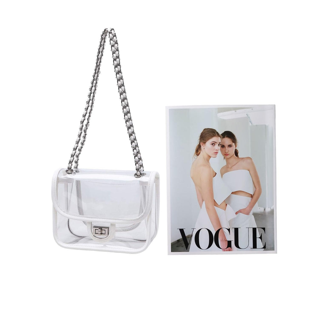 Womens PVC Clear Purse Handbag with Chain Stadium Approved Clear Bag See Through Bag for Working and Concert