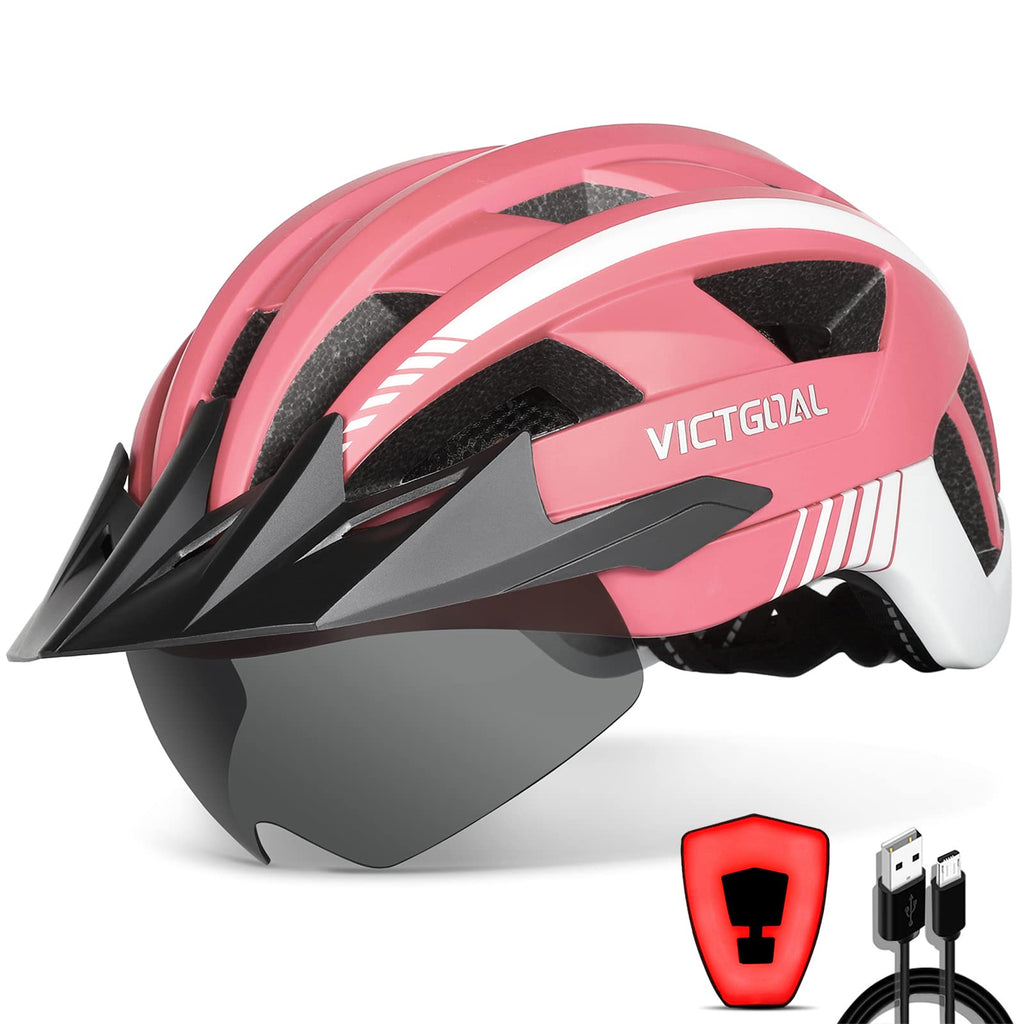 VICTGOAL Bike Helmet with USB Rechargeable Rear Light Detachable Magnetic Goggles Removable Sun Visor Mountain & Road Bicycle Helmets for Men Women Adult Cycling Helmets