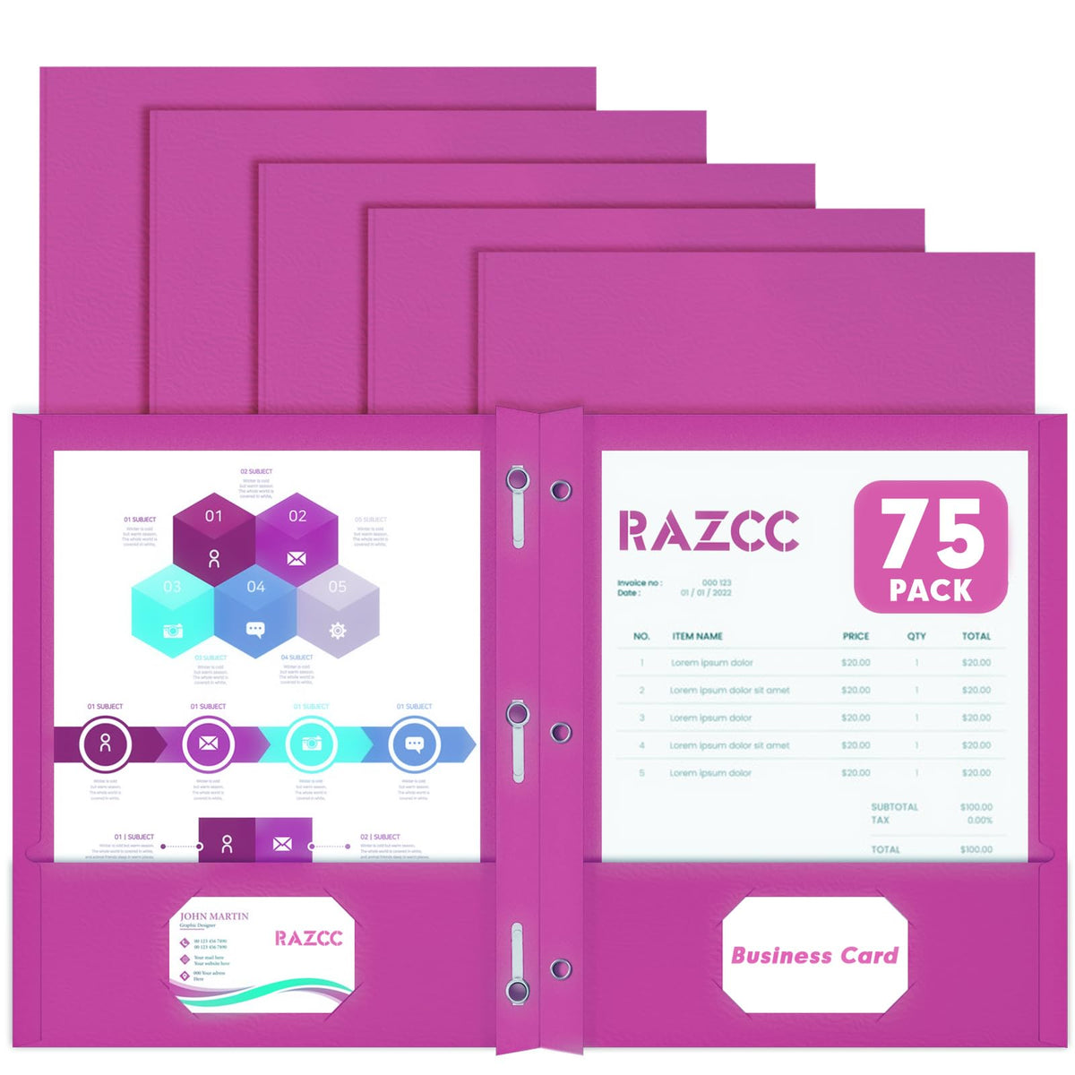 Two Pocket Folders, RAZCC 75 Pack Two Pocket Folders with Prongs, 3 Prong Pocket Folders Letter Size, Paper Folders with Prongs for School Office Home Business, Assorted 5 Colors