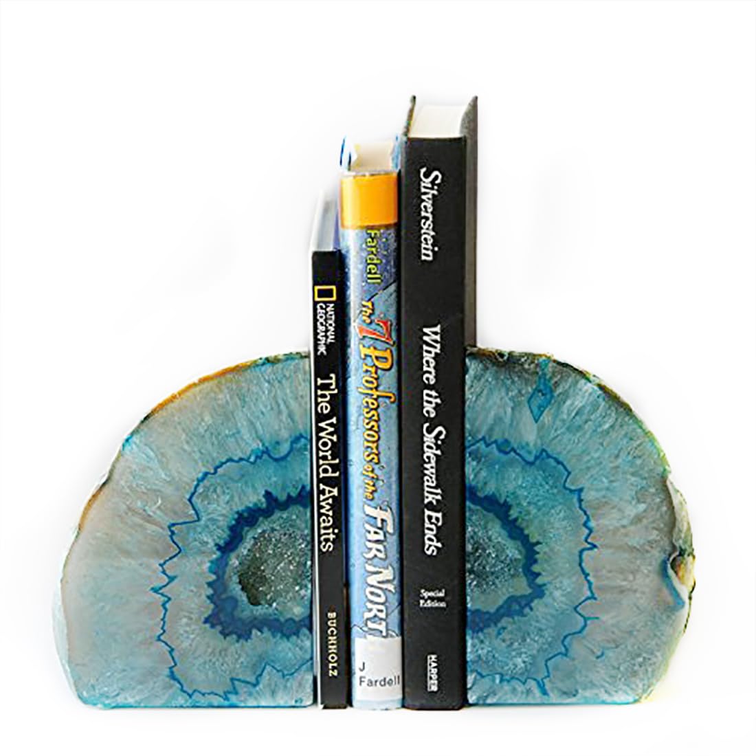 JIC Gem Black Agate Geode Bookends 2-3 Lbs Anti-Slip Rubber Pads Heavy Duty | 1Pair Natural Black Agate Crystal Decor for Shelves & Desk, Unique Small Stone Book Holder Gift for Office & Home Decoration