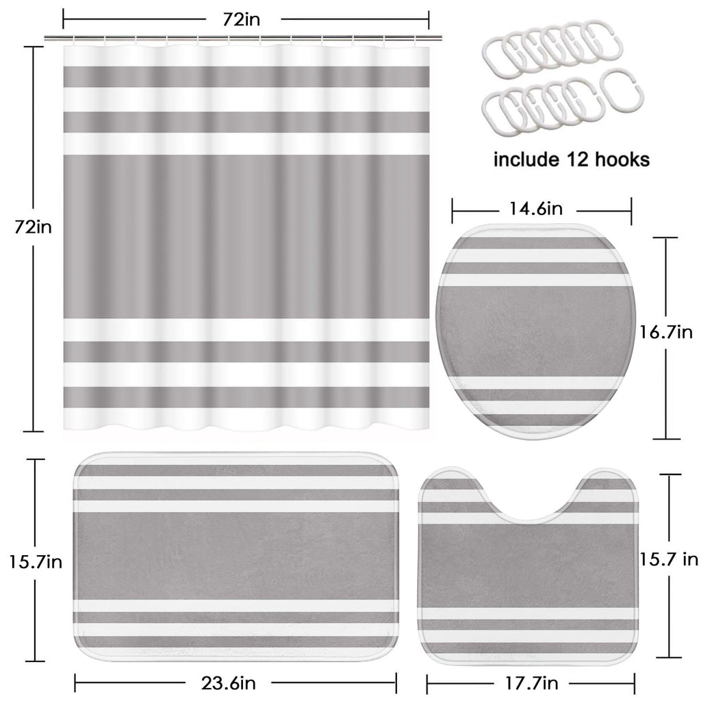 Beige Geometric Shower Curtain Set with Toilet Lid Cover and Non-Slip Rugs for Bathroom, Black Grey White Checkered 4 Pcs Shower Curtain, Modern Abstract Bathroom Set with 12 Hooks