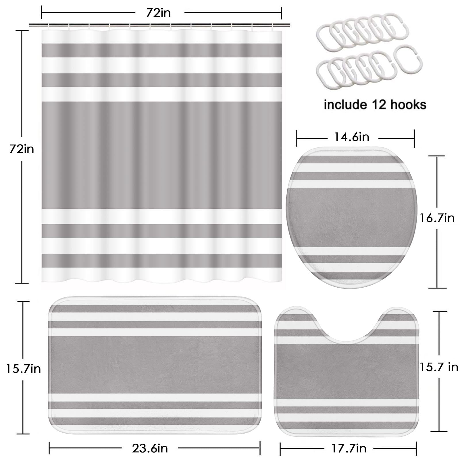 Beige Geometric Shower Curtain Set with Toilet Lid Cover and Non-Slip Rugs for Bathroom, Black Grey White Checkered 4 Pcs Shower Curtain, Modern Abstract Bathroom Set with 12 Hooks