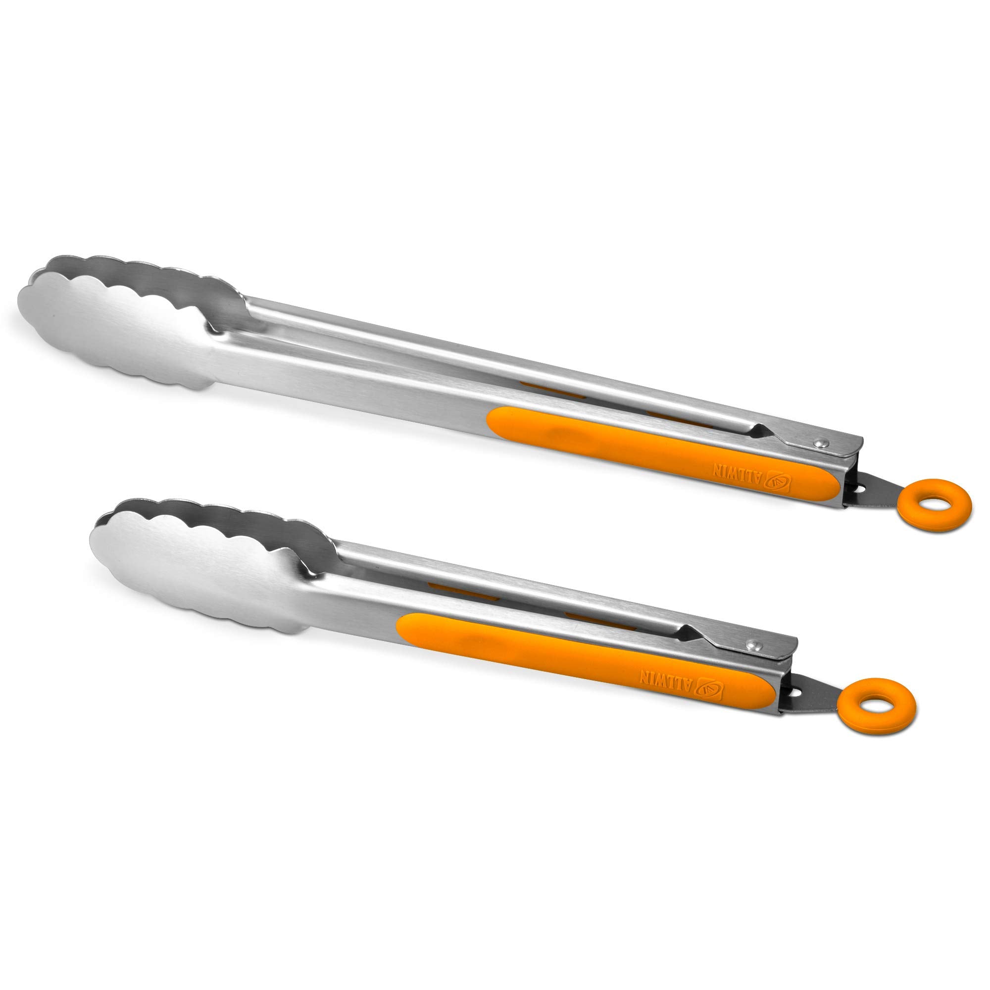 304 Stainless Steel Kitchen Cooking Tongs, 9" and 12" Set of 2 Sturdy Grilling Barbeque Brushed Locking Food Tongs with Ergonomic Grip, Black
