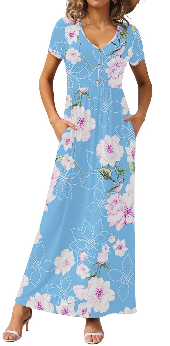 GRECERELLE Womens Summer Long Maxi Dresses 2026 Short Sleeve V Neck Casual Button Dress with Pockets