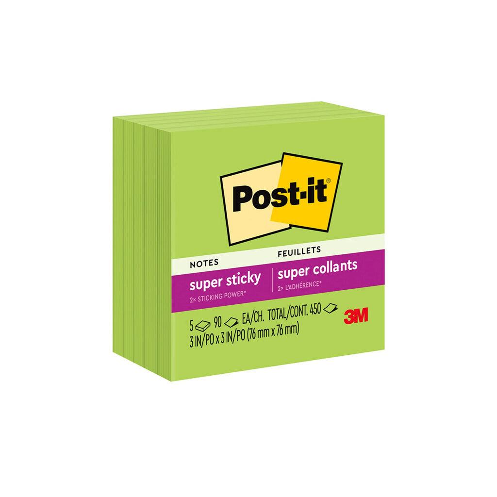 Post-it Super Sticky Notes, 5 Sticky Note Pads, 3 x 3 in., School Supplies, Office Products, Sticky Notes for Vertical Surfaces, Monitors, Walls and Windows, Limeade Green