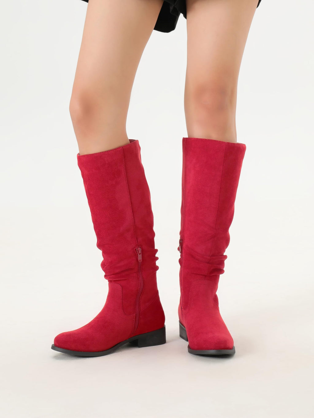 Shoe'N Tale Women's Knee High Boots Flat Low Heel Slouch Pointed Toe Winter Shoes with Side Zipper