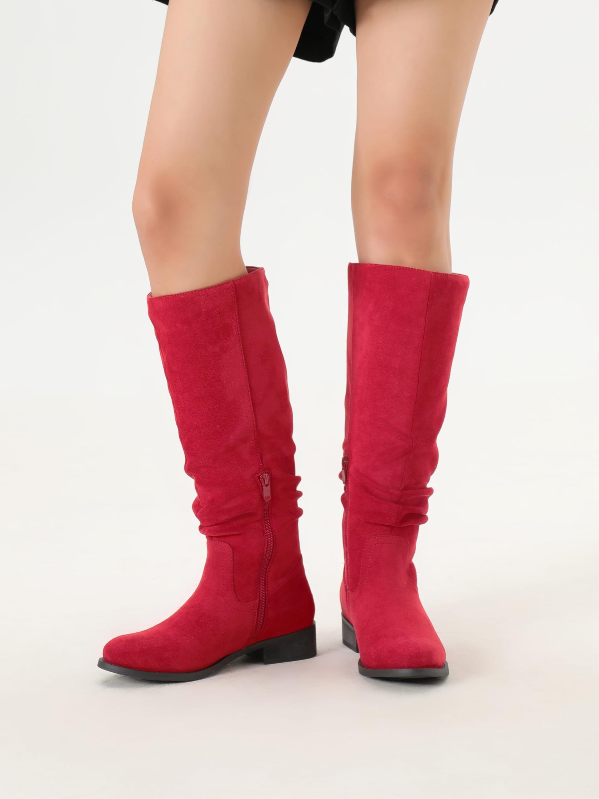 Shoe'N Tale Women's Knee High Boots Flat Low Heel Slouch Pointed Toe Winter Shoes with Side Zipper