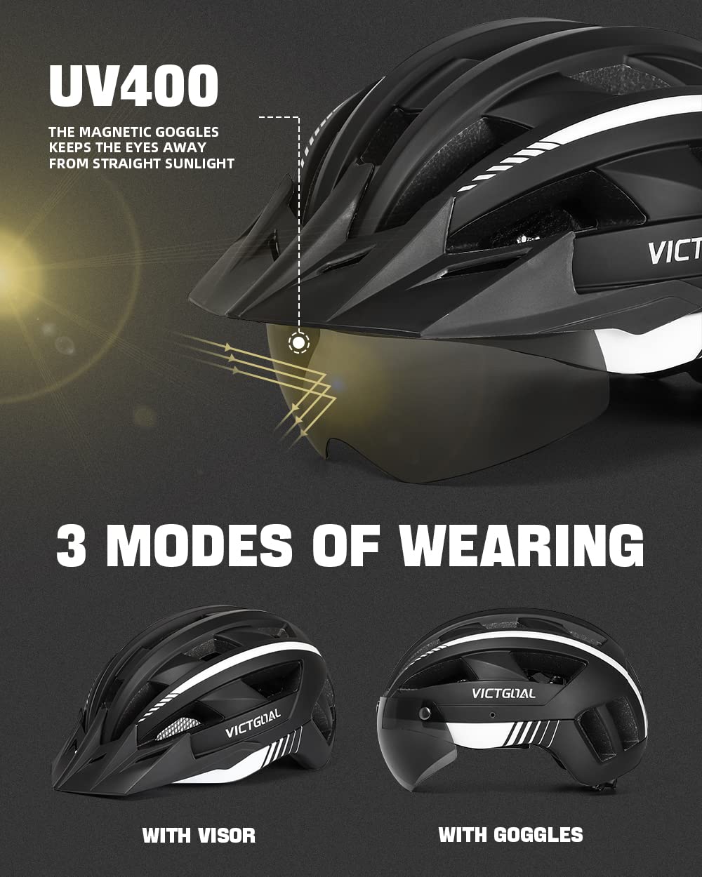 VICTGOAL Bike Helmet with USB Rechargeable Rear Light Detachable Magnetic Goggles Removable Sun Visor Mountain & Road Bicycle Helmets for Men Women Adult Cycling Helmets