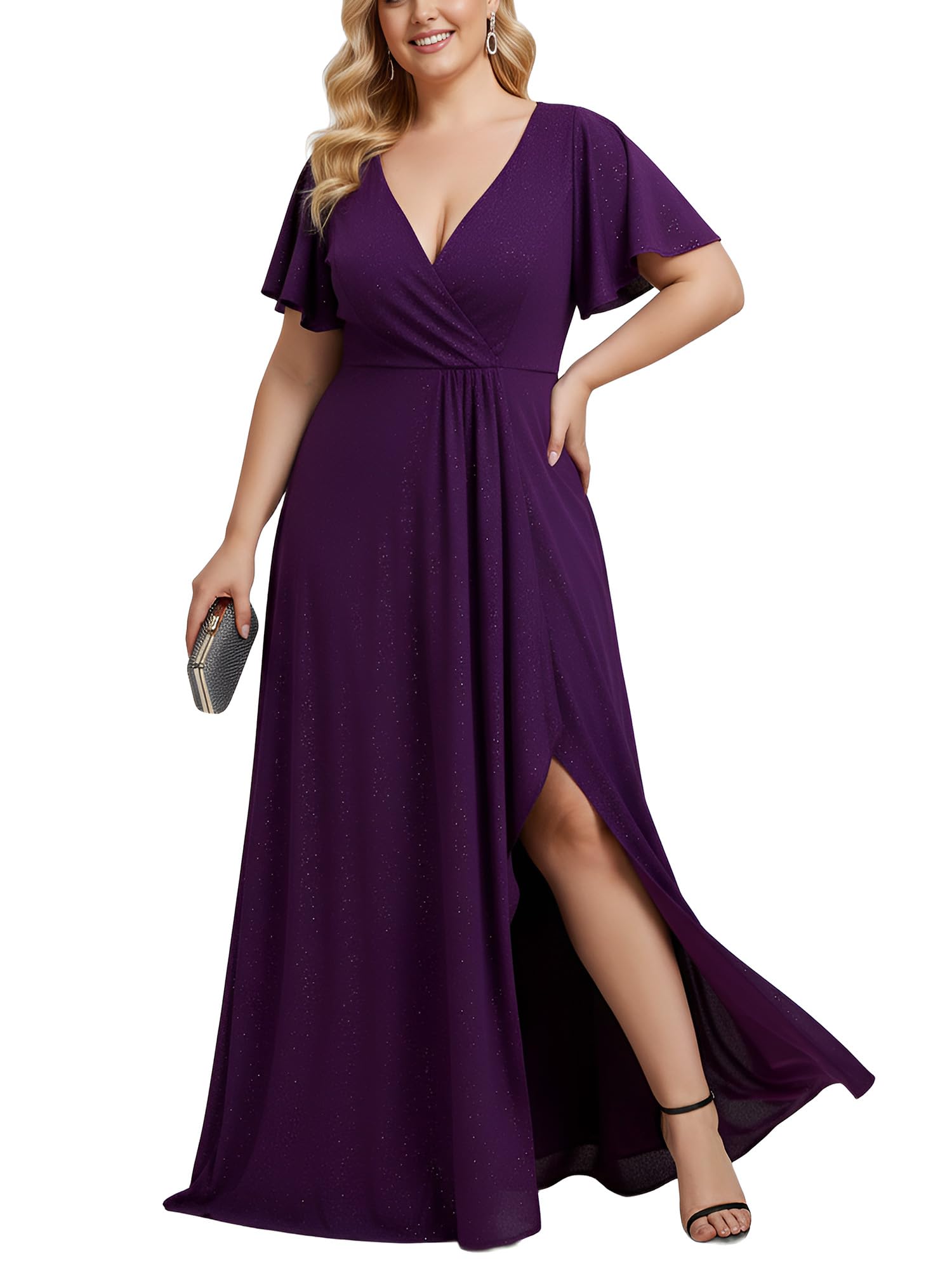 Ever-Pretty Glitter Formal Dresses for Cuvvy Women Plus Size A-line High Low Wedding Guest Gala Dress with Ruffles Sleeves