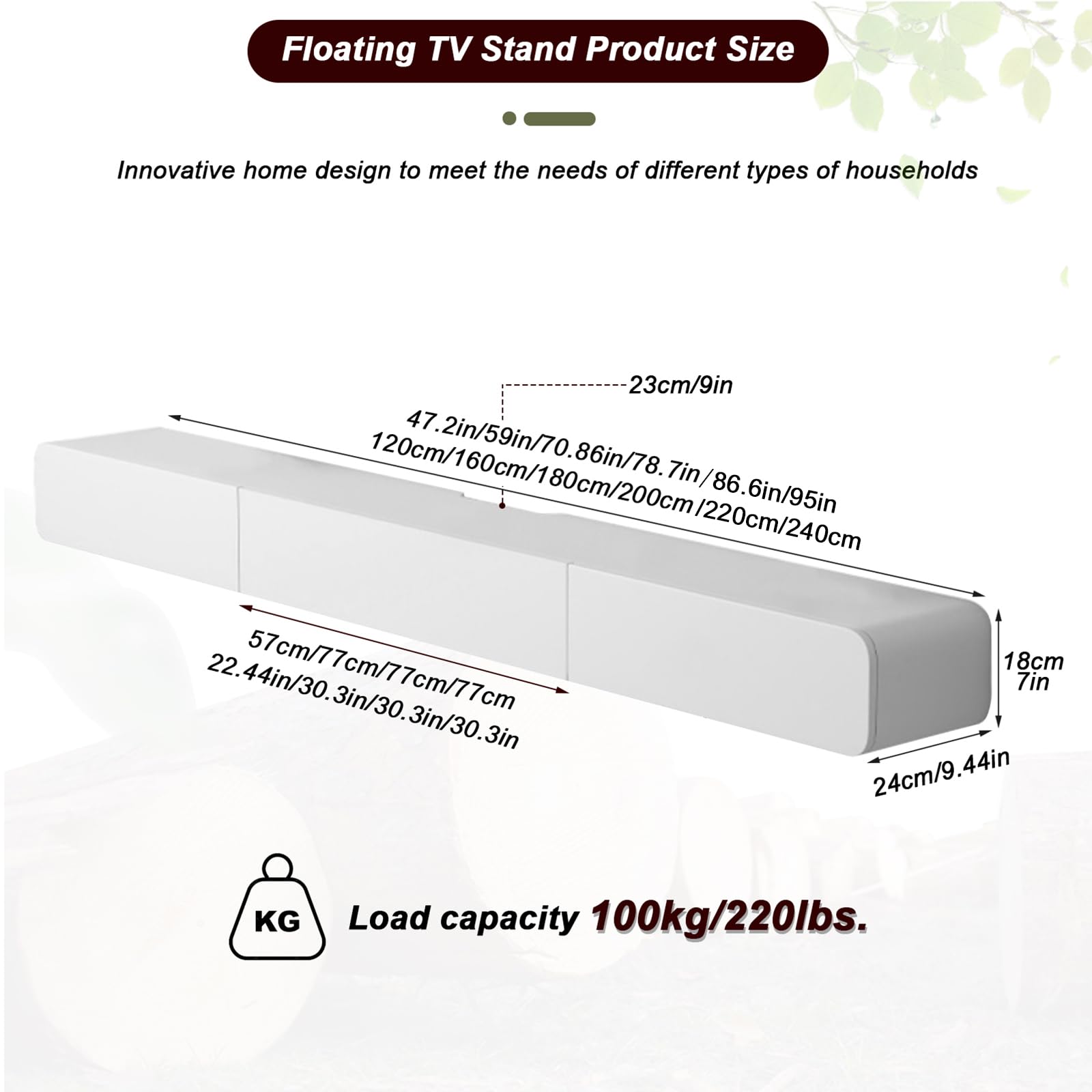 FPIGSHS Wall Mounted Media Console with 2 Drawers Solid Wood Floating TV Stand Hanging TV Shelf Entertainment Center TV Cabinet, for Home Office (A, 120cm/47.2in)