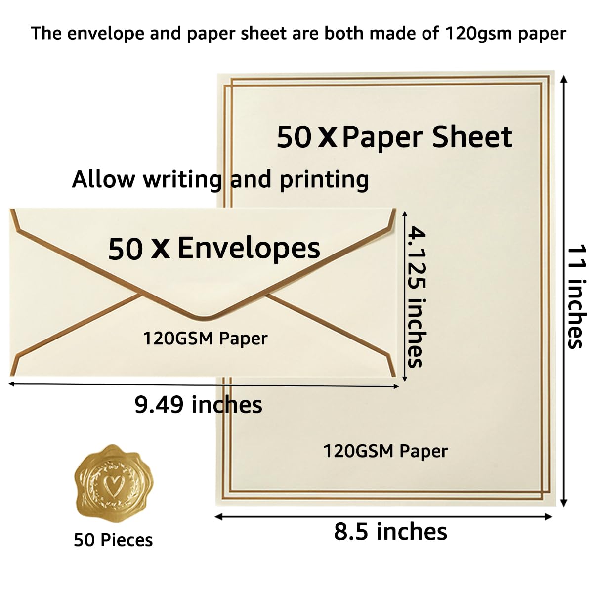 50 Pack Stationery Set with Envelopes, Cream Color, 8.5x11 Inches | Gold Border, #10 Business Envelopes and 8.5x11 Paper Sheets, Stickers for Letter Writing, Invitations