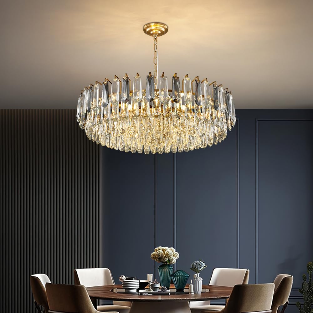 23.6" Modern Crystal Chandelier with Grey Crystal Gold 3-Tier Luxury Pendant Light 12-Light Ceiling Pendant Lighting for Dinning Room Living Room Foyer