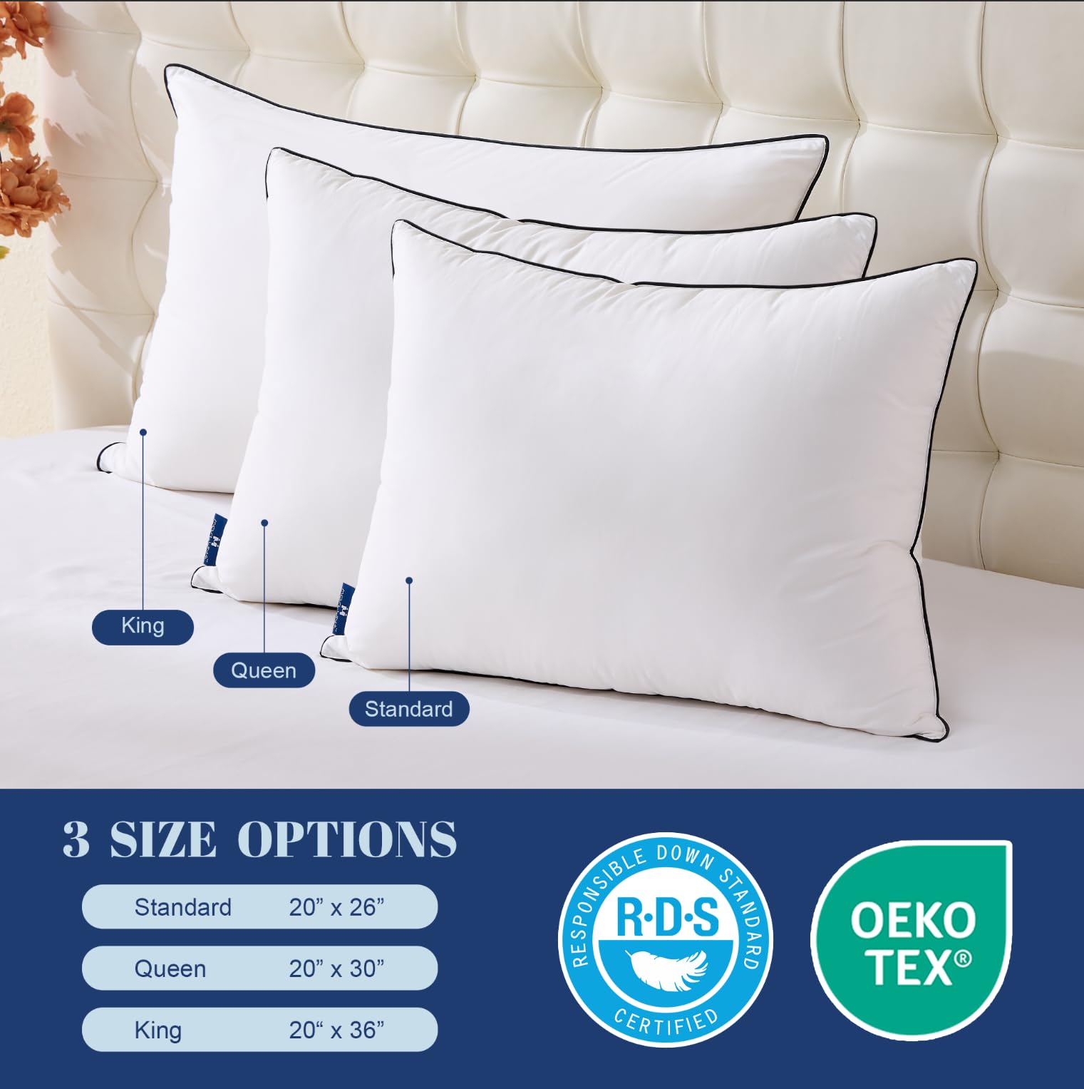 Feather Down Pillows Standard Size Set of 2, Luxury Hotel Collection Bed Pillow 2 Pack, Airyfil™ Powered Fillings & Feathers Pillow，Fluffy Plush for Side Sleepers,Firm, 20x26 in.