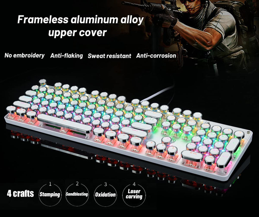 YSCP Typewriter Style Mechanical Gaming Keyboard RGB Backlit Wired with Blue Switch Retro Round Keycap 104 Keys Keyboard (R-Black)