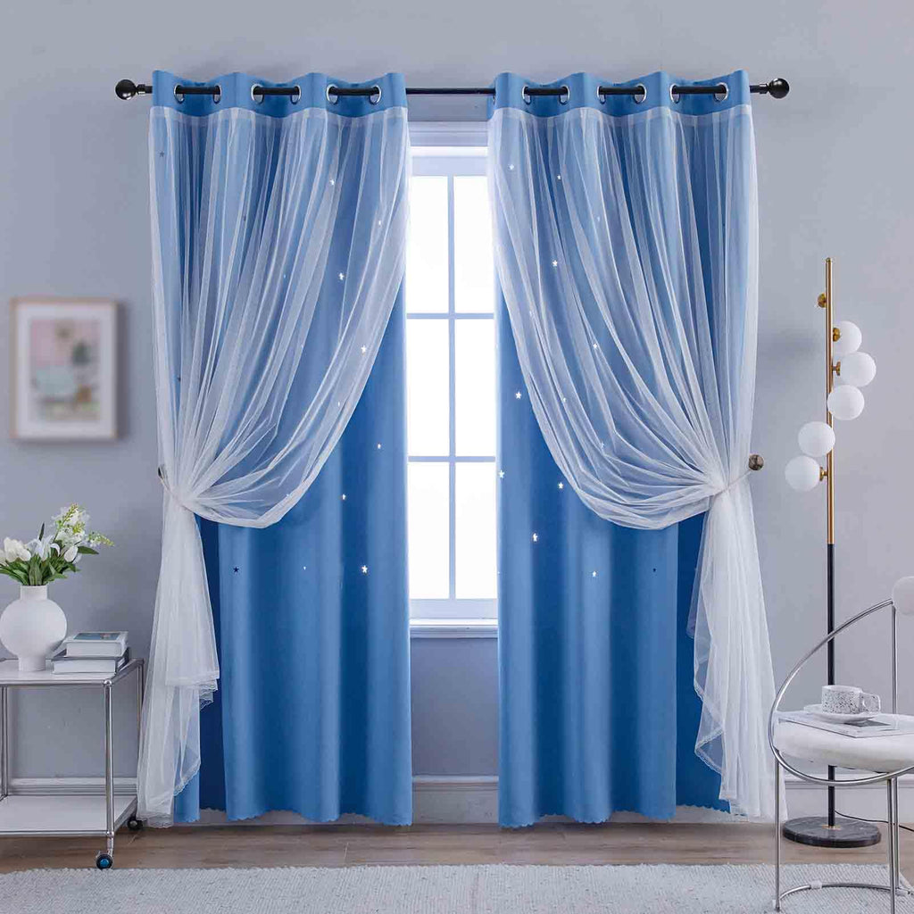 Anytime Star Cut-Out Blackout Curtains for Bedroom 2 Panels,2-Layers Mix Design of Fabric & Tulle,Pretty Pure Color Window Curtain for Kids Room(W35 x L45,LPink)
