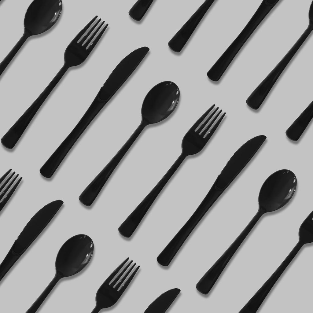 150 Pack Plastic Silverware,Disposable Cutlery Set Heavy Duty Utensil Sets 50 Forks 50 Knives 50 Spoons for Brithday, Wedding,Home School Party Picnics Restaurant Outdoor Events (Black)