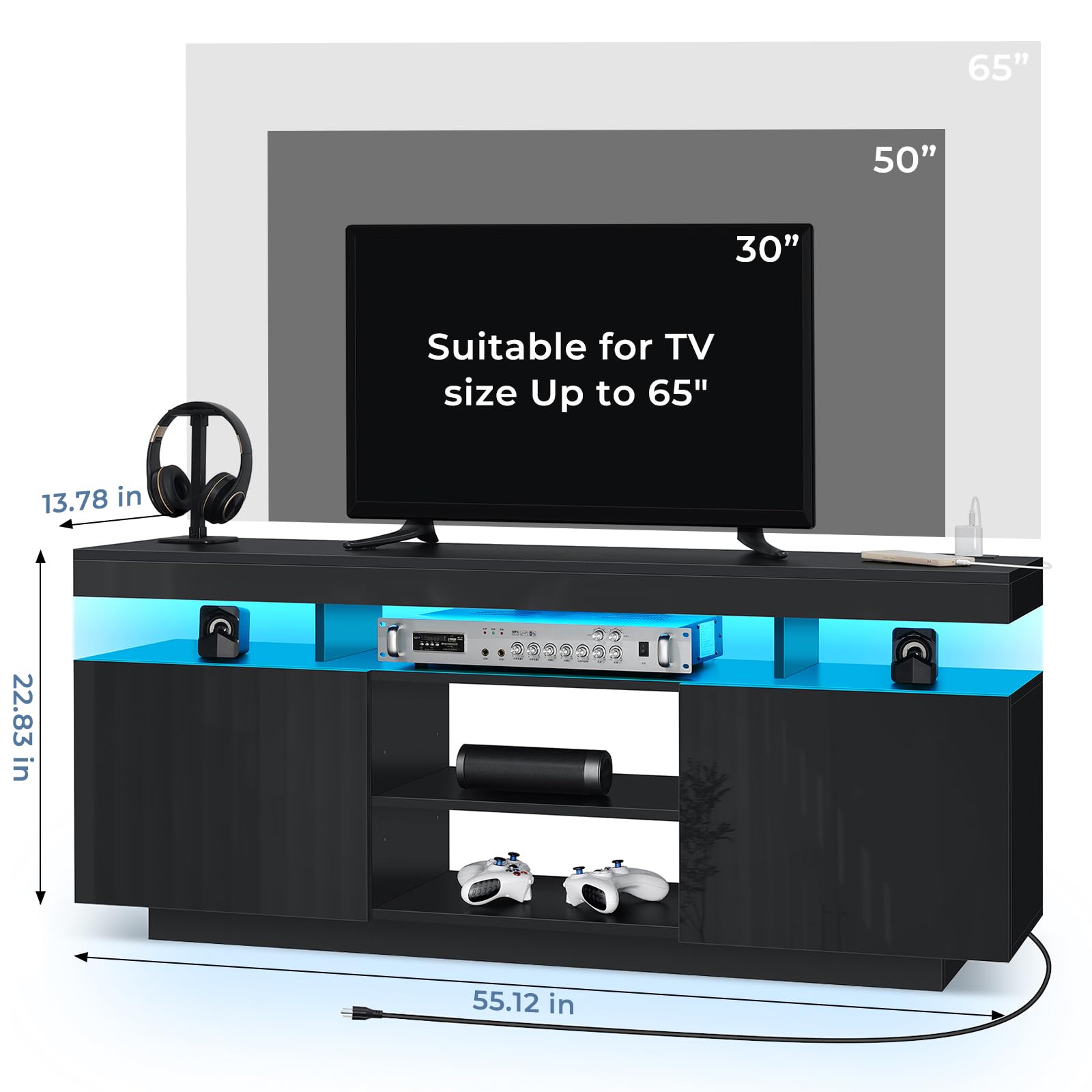 HOMMPA Modern LED TV Stand for 55 Inch TV, Black Tall TV Console with Power Outlet, Entertainment Center with Storage, High Gloss Gaming Media Console Cabinet for Living Room (47 Inch)