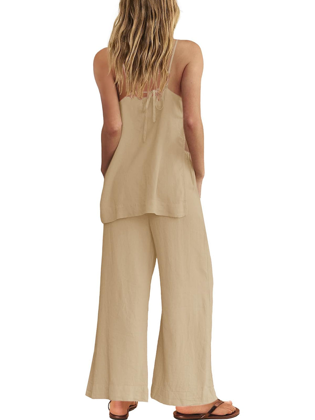 Dokuritu Linen Sets for Women 2 Piece Summer Spaghetti Strap Top Wide Leg Pant Set Beach Vacation Travel Outfits with Pockets