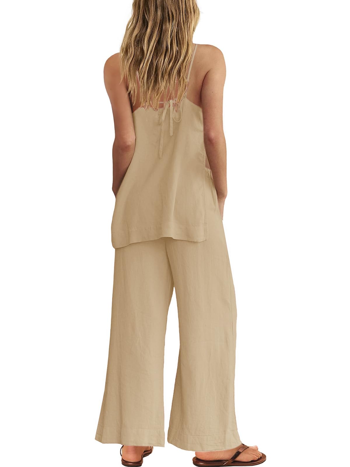 Dokuritu Linen Sets for Women 2 Piece Summer Spaghetti Strap Top Wide Leg Pant Set Beach Vacation Travel Outfits with Pockets