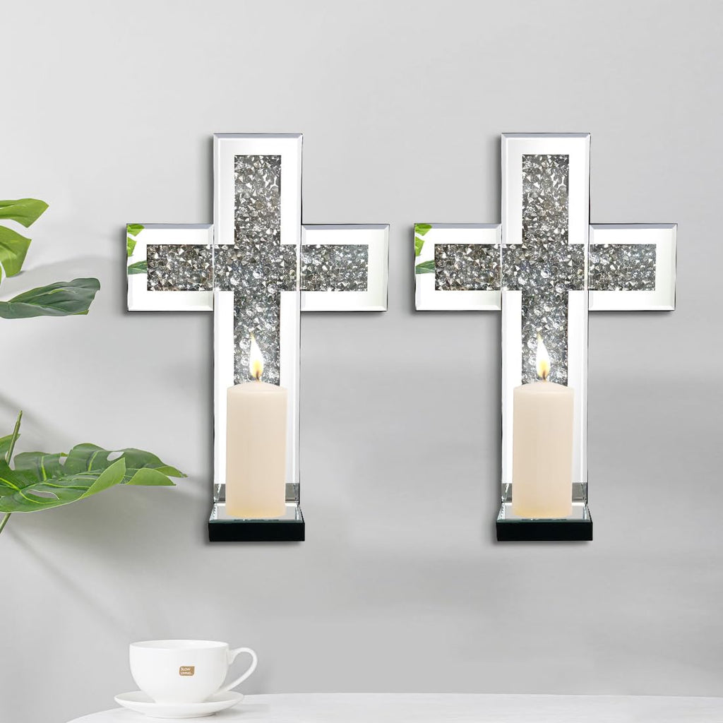 Aeveco Crystal Crush Diamond Mirrored Candle Sconces, Silver Wall Candle Holder Set of 2, Wall Decorations for Living Room，Dining Room (Rectangle (Style 4))