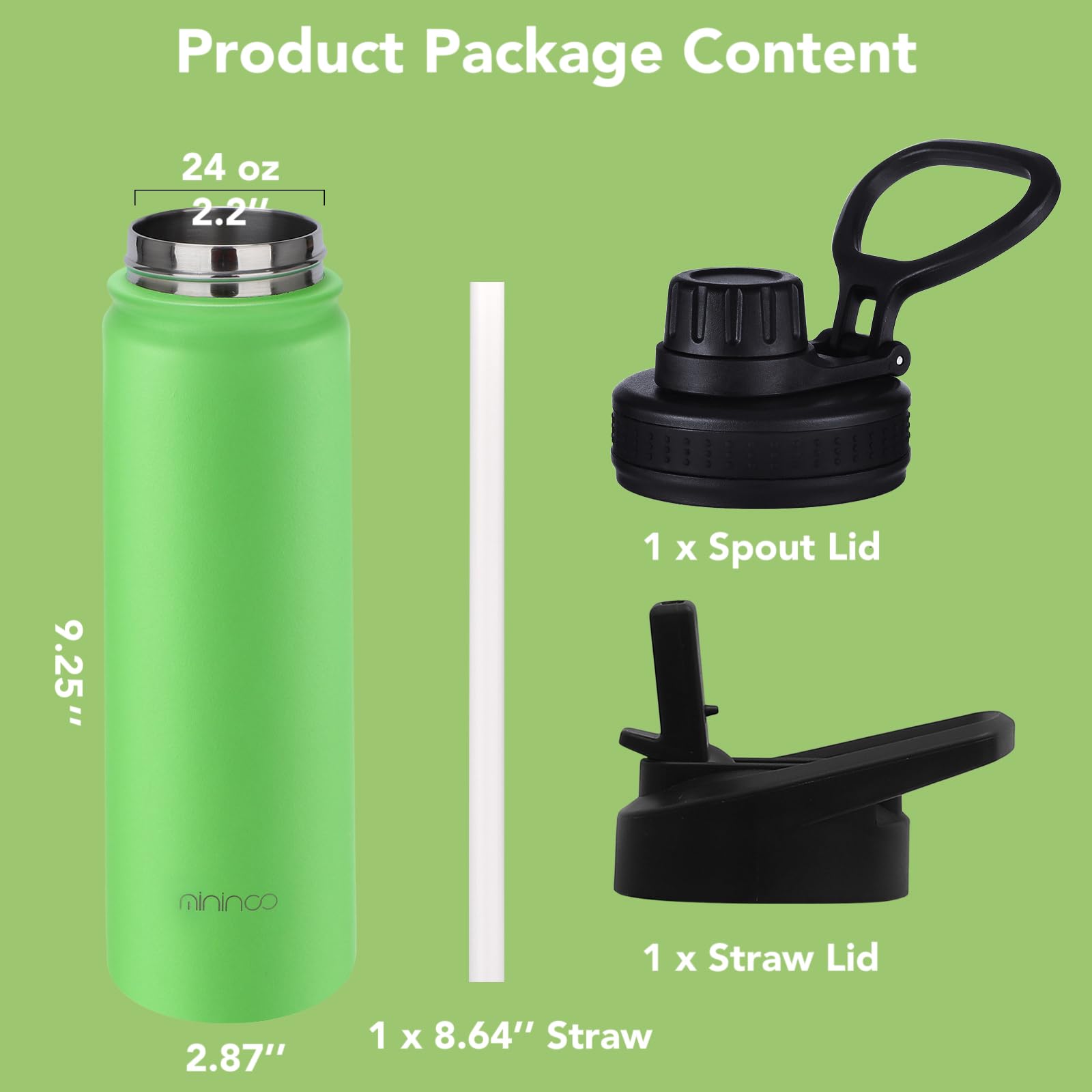 mininoo 24 oz Insulated Water Bottle with Straw Lid, Stainless Steel Double Wall Vacuum, Leak Proof, BPA Free, Keep Cold for 24H & Hot for 12H-2 pack(Black)