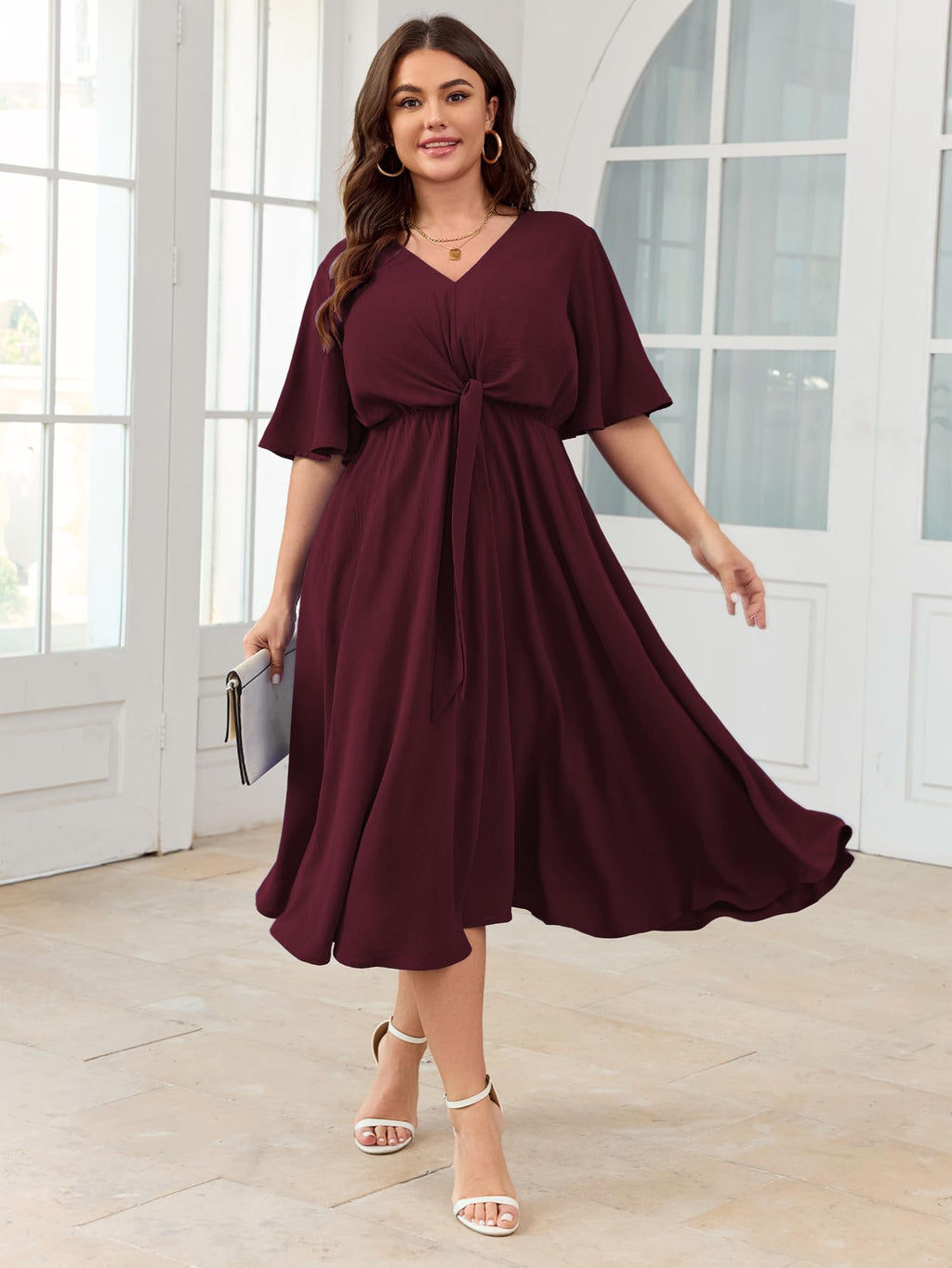 SCOMCHIC Women Plus Size Midi Dresses Wedding Guest Short Sleeve V Neck Tie Waist Casual Summer Flowy A Line Dress