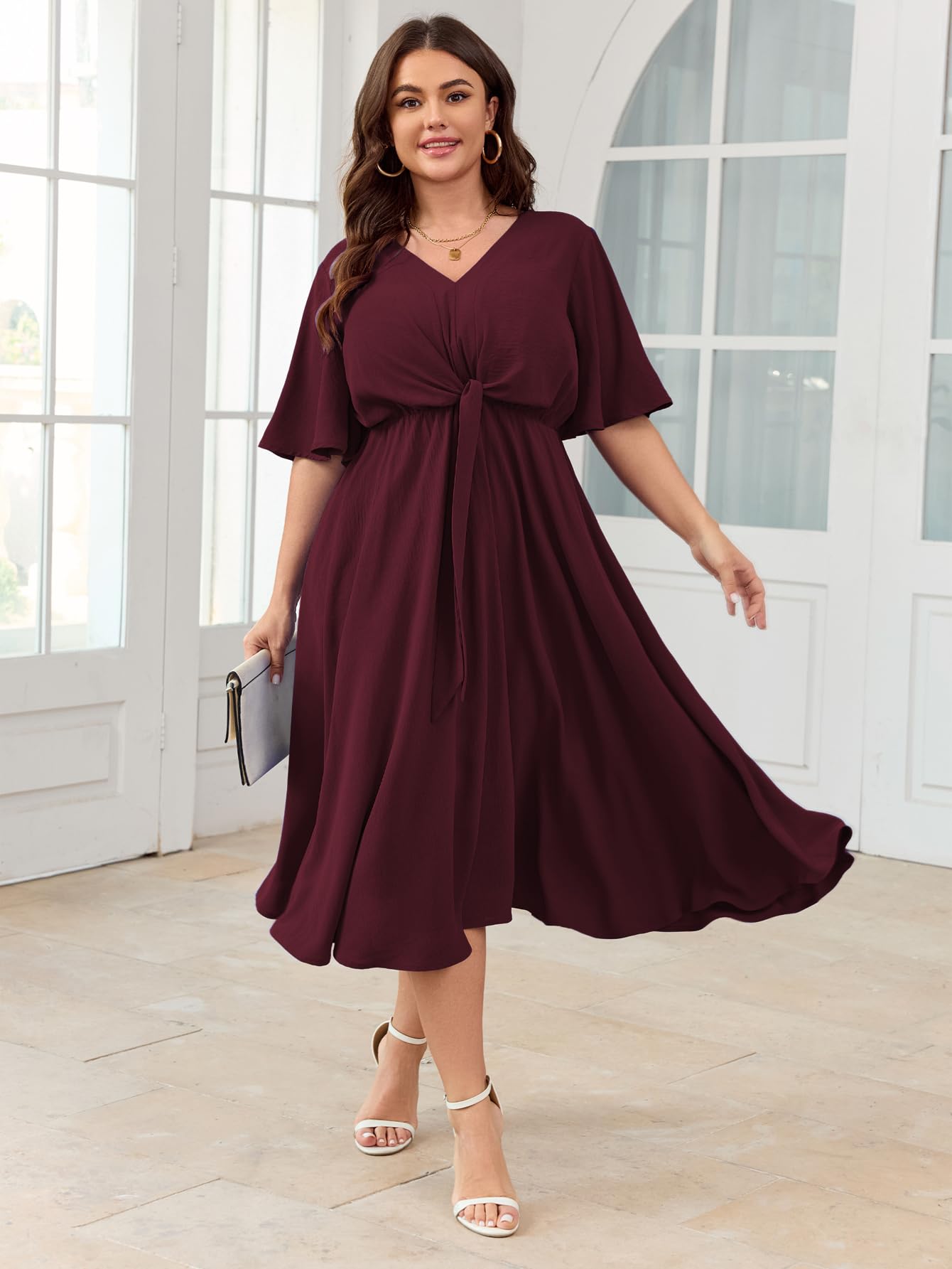 SCOMCHIC Women Plus Size Midi Dresses Wedding Guest Short Sleeve V Neck Tie Waist Casual Summer Flowy A Line Dress